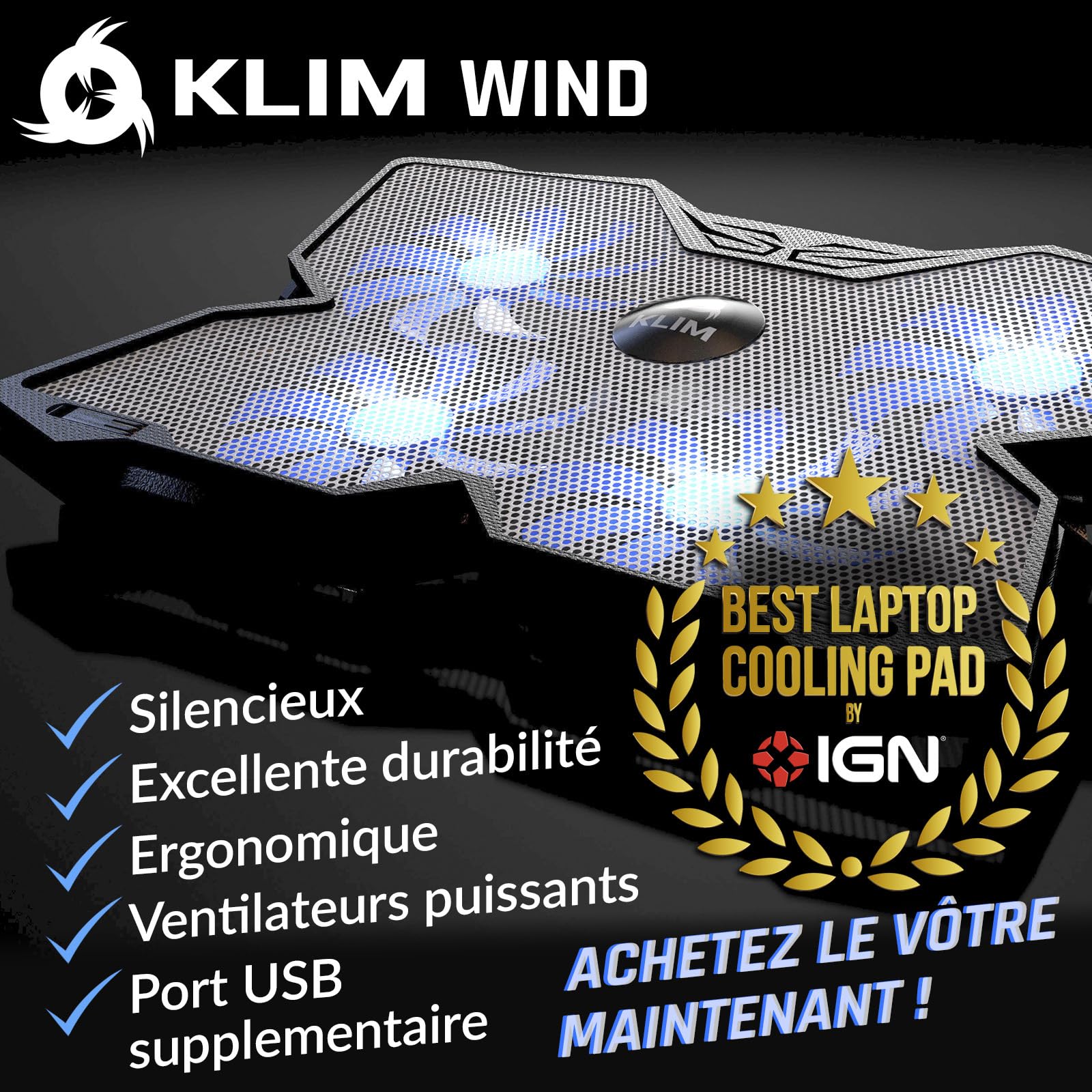 KLIM Wind - Refroidisseur Ordinateur Portable - Plus de 500 000 unités vendues - Nouveauté - Le Plus Puissant - 4 Ventilateurs Silencieux - Refroidisseur PC Portable PS5, PS4 - Blanc et Bleu