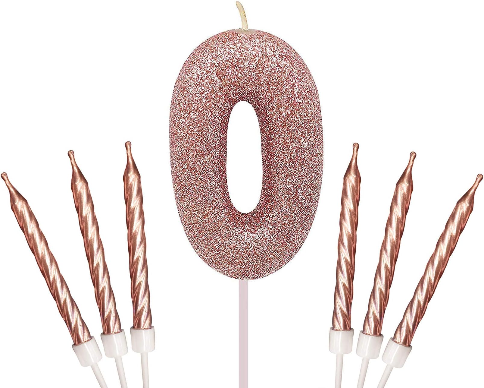 Rose Gold Number 0 Birthday Cake Sparkling Glitter Candle & 6x Metallic Cake Candles Toppers