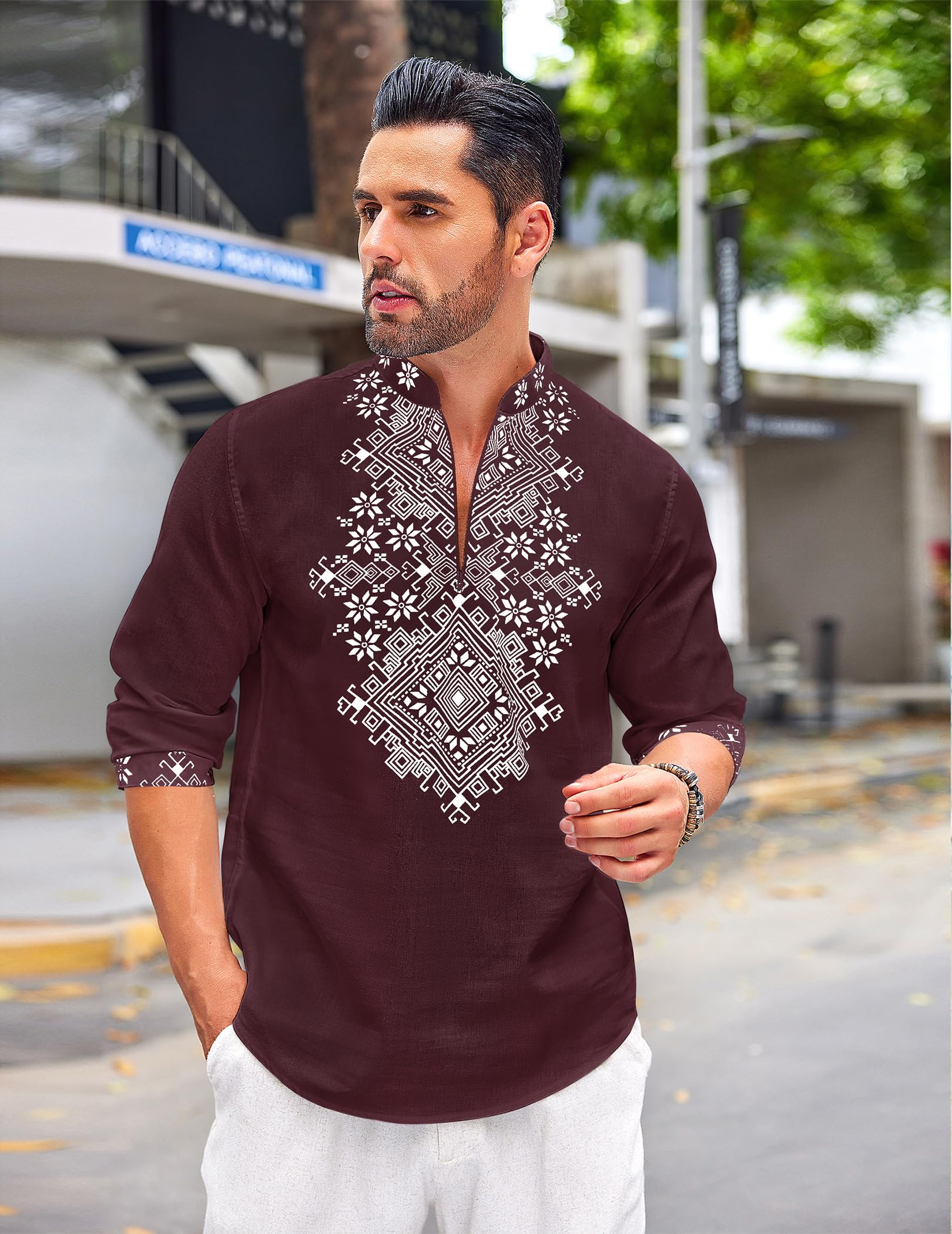 COOFANDY Camicia da uomo Henley Vyshyvanka a maniche lunghe con stampa africana camicie casual zip up cotone lino spiaggia camicia hippie
