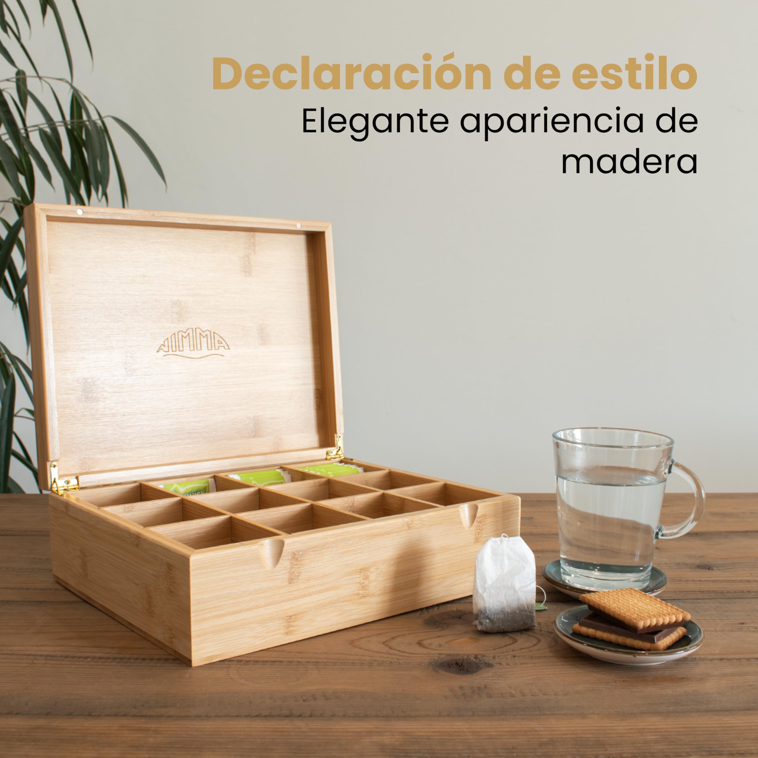 NIMMA Cajas para té – Caja de té de madera con cierre magnético – Adecuada para Pickwick, Lipton y más – Compartimentos extra grandes para bolsitas de té y té suelto (1, Marrón, 12 compartimentos)