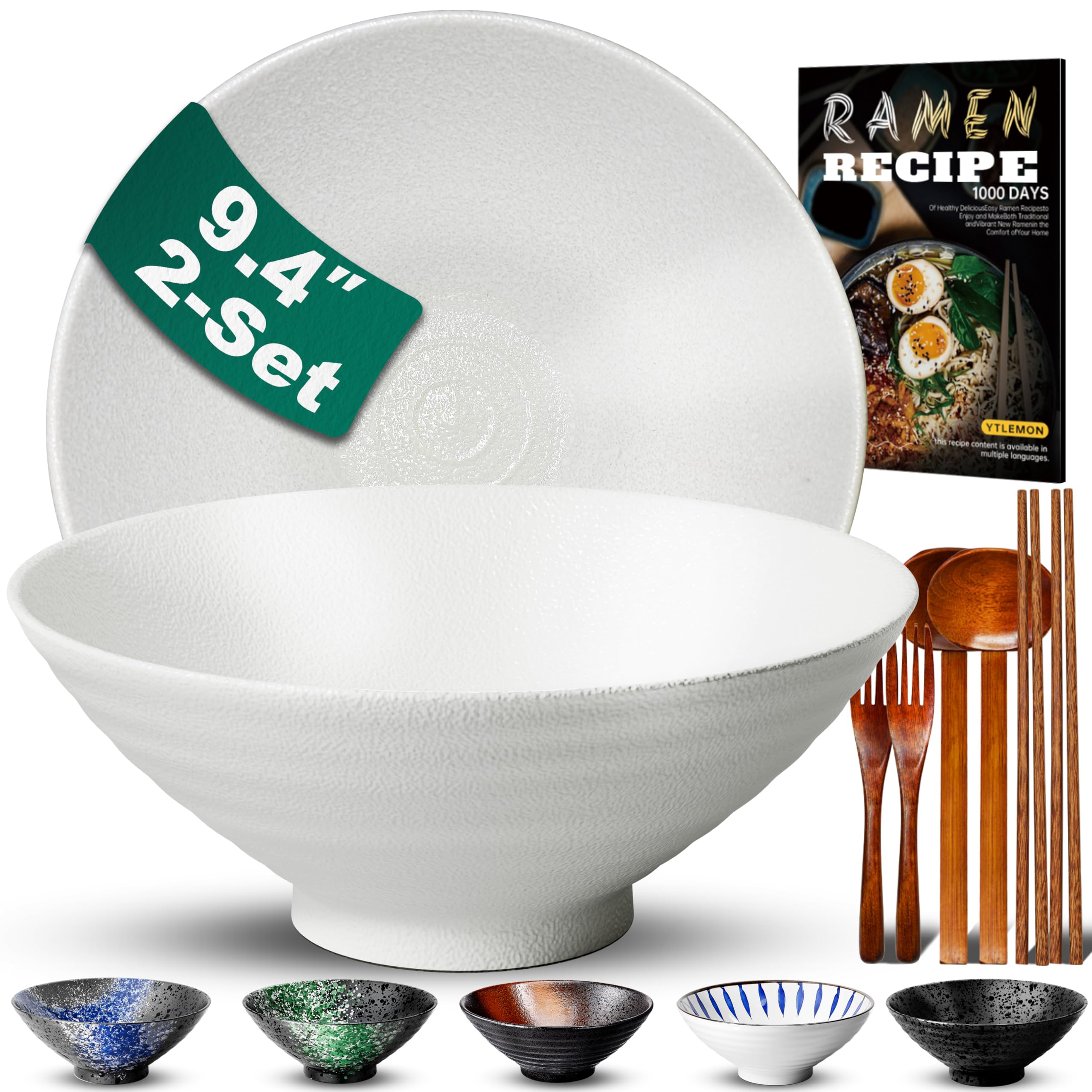 9.4Inch Ceramic Ramen Bowl Set of 2 (9 Piece) - Porcelain Japanese Salad Noodles Cereal Fruit Pasta Soup Large Bowls with Recipes Chopsticks Forks Spoons for Men Women Gift Microwave Dishwasher Safe