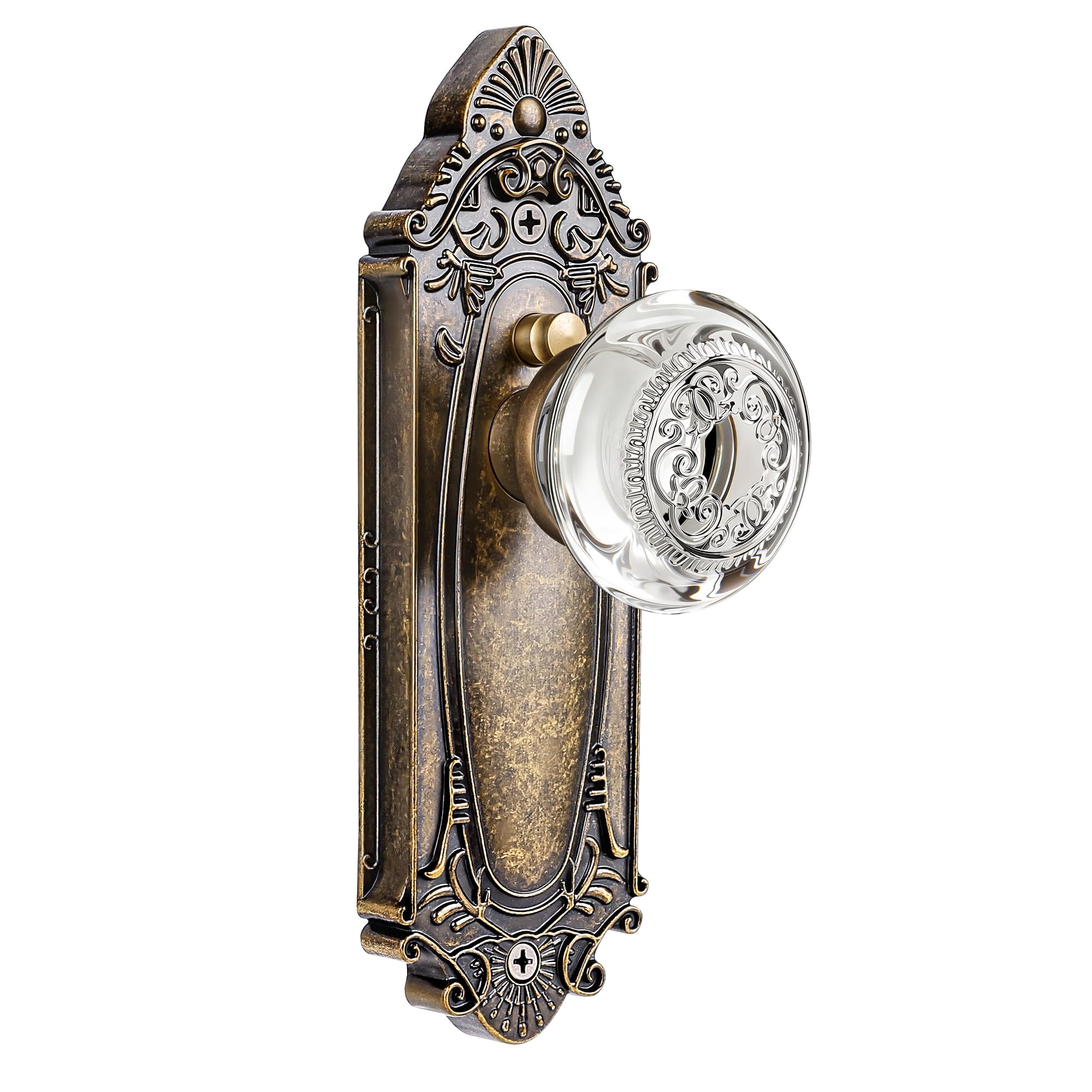 Crystal Door Knob Vintage Privacy Lock, Antique Brass Base Glass Door Handle Set for Bedroom, Bathroom, Hallway or Closet