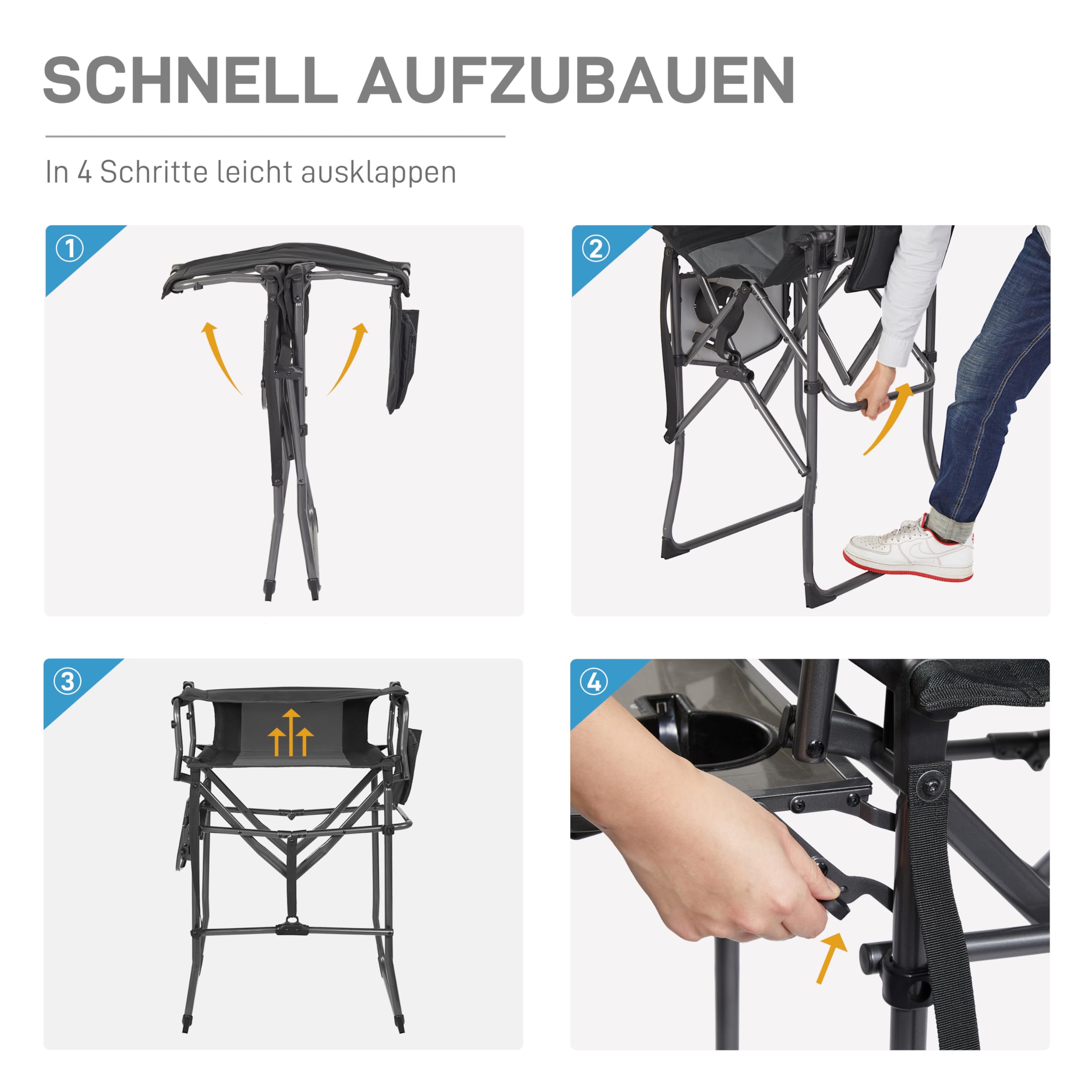 EVER ADVANCED 78CM Sitzhöhe Regiestuhl Hoch Klappbar, Make Up Stuhl Faltbar 160KG Belastbar mit Beistelltisch&Seitentasche, Schminkstuhl für Make-up Artist, Sportveranstaltung, Bar-Stuhl，Schwarz-Grau
