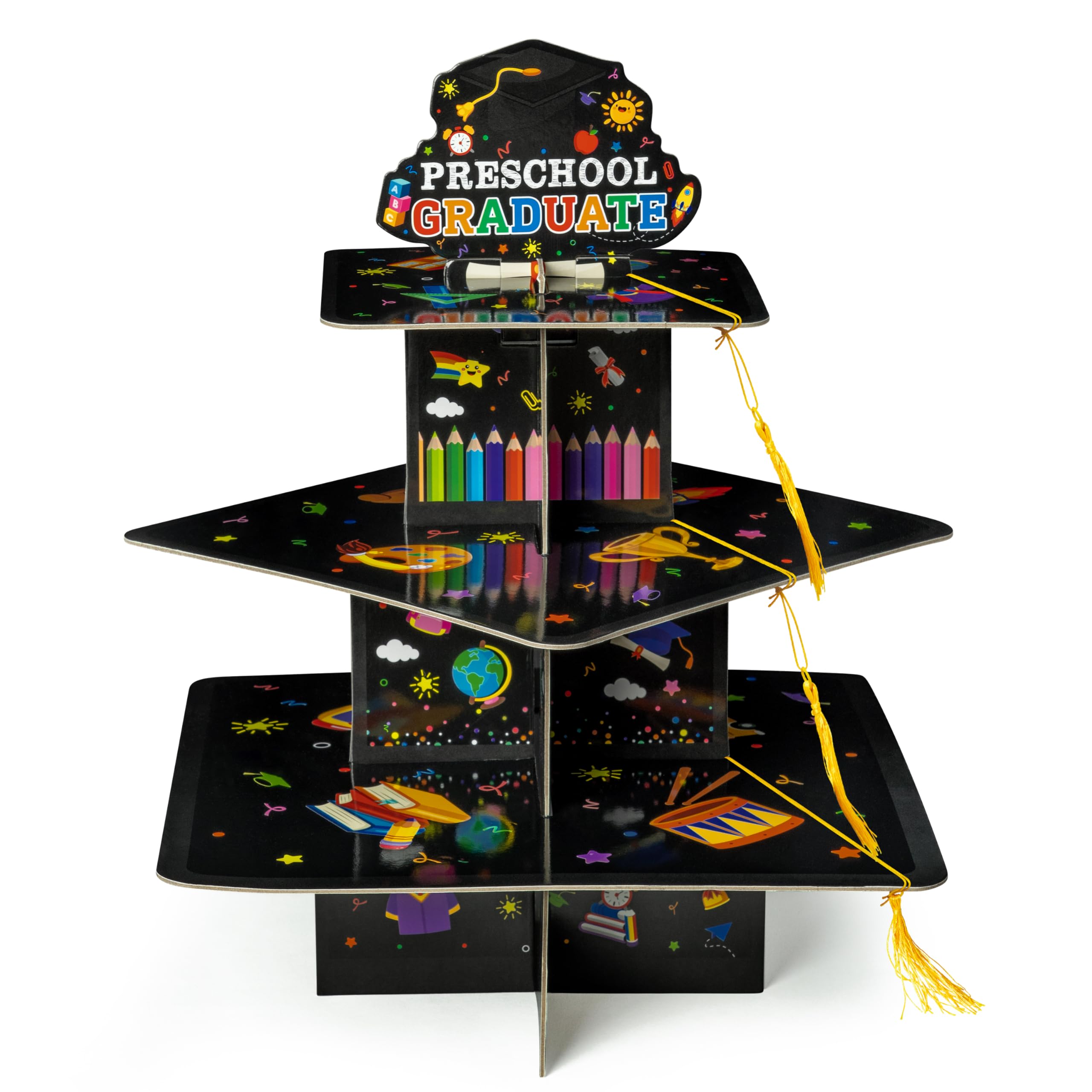 Haooryx Preschool Graduation Cupcake Stand - 3-Tier Black Graduate Cap Cupcake Tower Decoration Tassel Cardboard Square Dessert Stand Holder Preschool Kids' Graduation Party Table Decor Dessert Tower