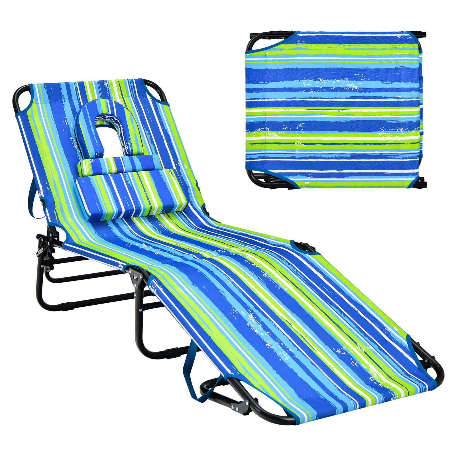 Goplus Tanning Chair, Folding Beach Lounge Chair with Face Hole, Removable Pillow, Carry Strap, Position Adjustable, Sunbathing Chair, Portable