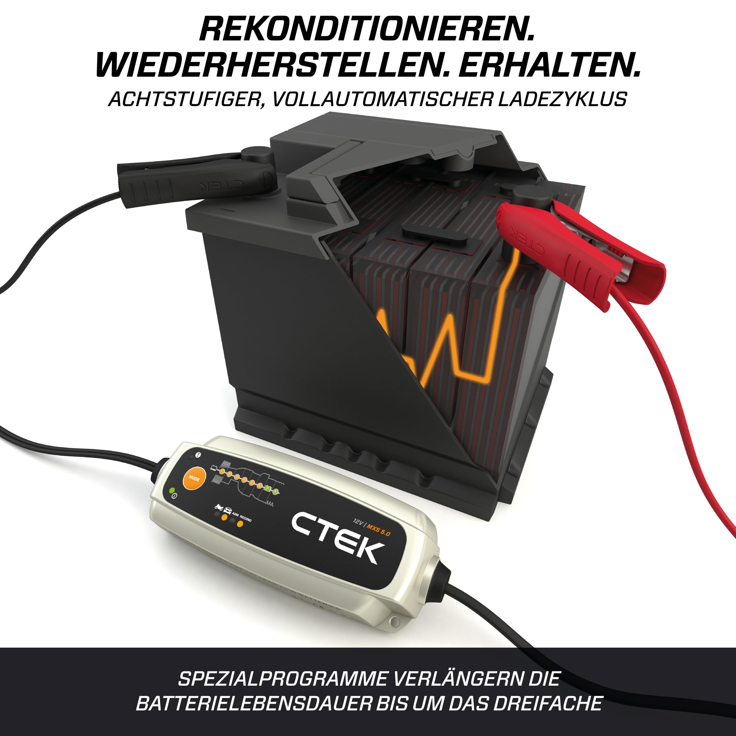 CTEK MXS 5.0, Batterieladegerät 12V, Temperaturkompensation, Intelligentes Ladegerät Autobatterie, Ladegerät Auto Und Motorrad, Batteriepfleger Mit Rekonditionierungsmodus Und AGM-Option