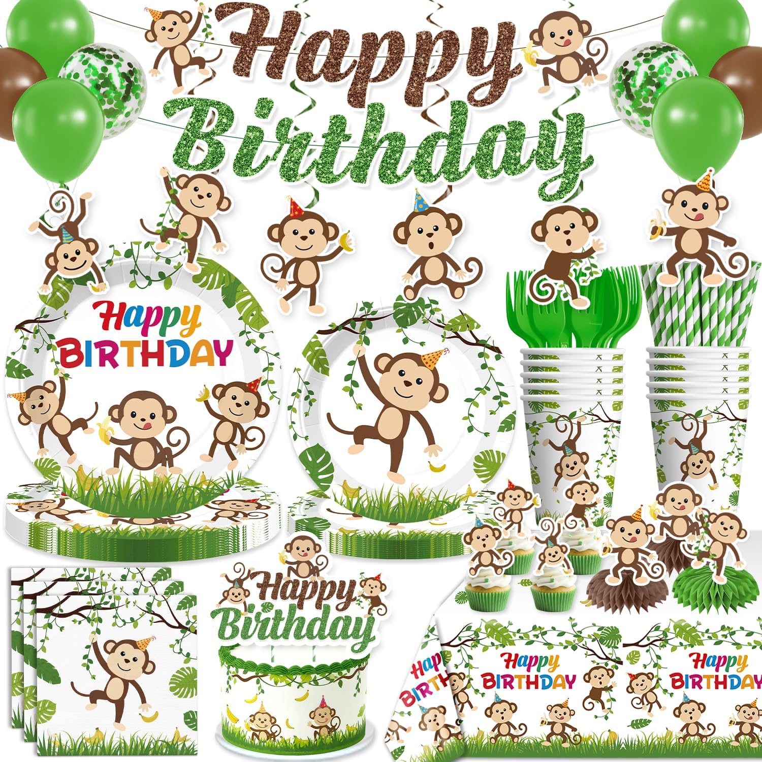 205pcs Monkey Birthday Decorations-Serves 25, All-in-one Monkey Party Decorations with 350gsm Monkey Plate, Monkey Cake Topper, Tablecloth, Centerpiece, Banner, Hanging Swirls, Balloon, Etc