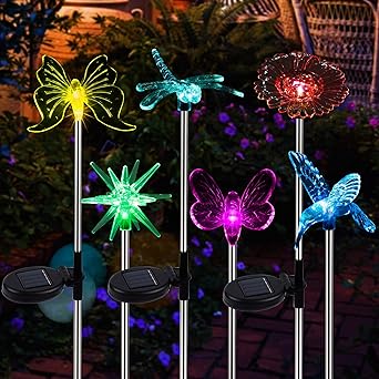 MAGGIFT 6 Pack Outdoor Solar Figurine Lights, Solar Powered Garden Stake Light, Color Changing LED Landscape Lighting, Sparkling Star Flower Hummingbird Butterfly Dragonfly Bee for Patio Yard Pathway