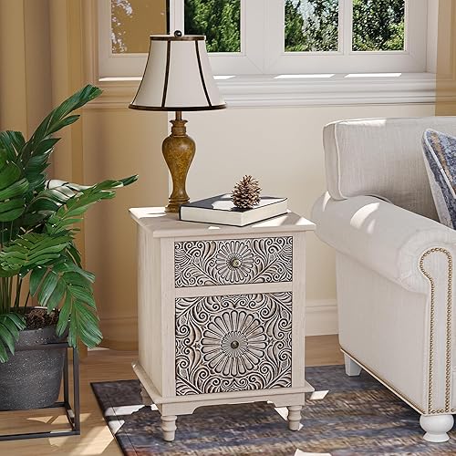 Miniatura 27 de SUNBURY Mesa auxiliar para sala de estar, mesa auxiliar pequeña con 3 cajones, mesita de noche vintage, elegante mesita de noche pequeña para