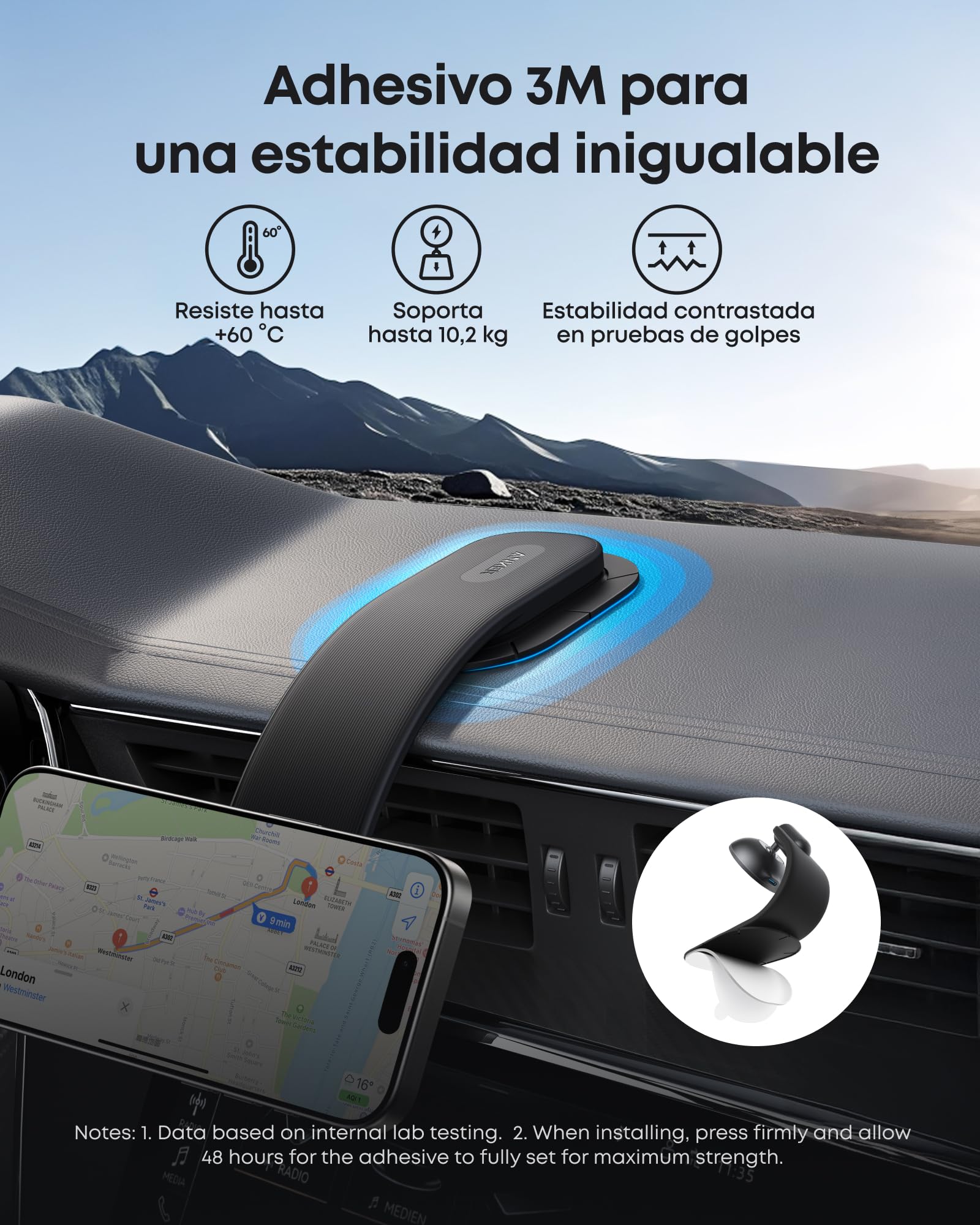 Anker Nano Cargador Coche Inalámbrico para Coche, Cargador Ajustable 360° con Almohadilla Desmontable, Carga Certificada Qi2 de 15W, para iPhone 16/15/14/13/12 (Adaptador Incluido)