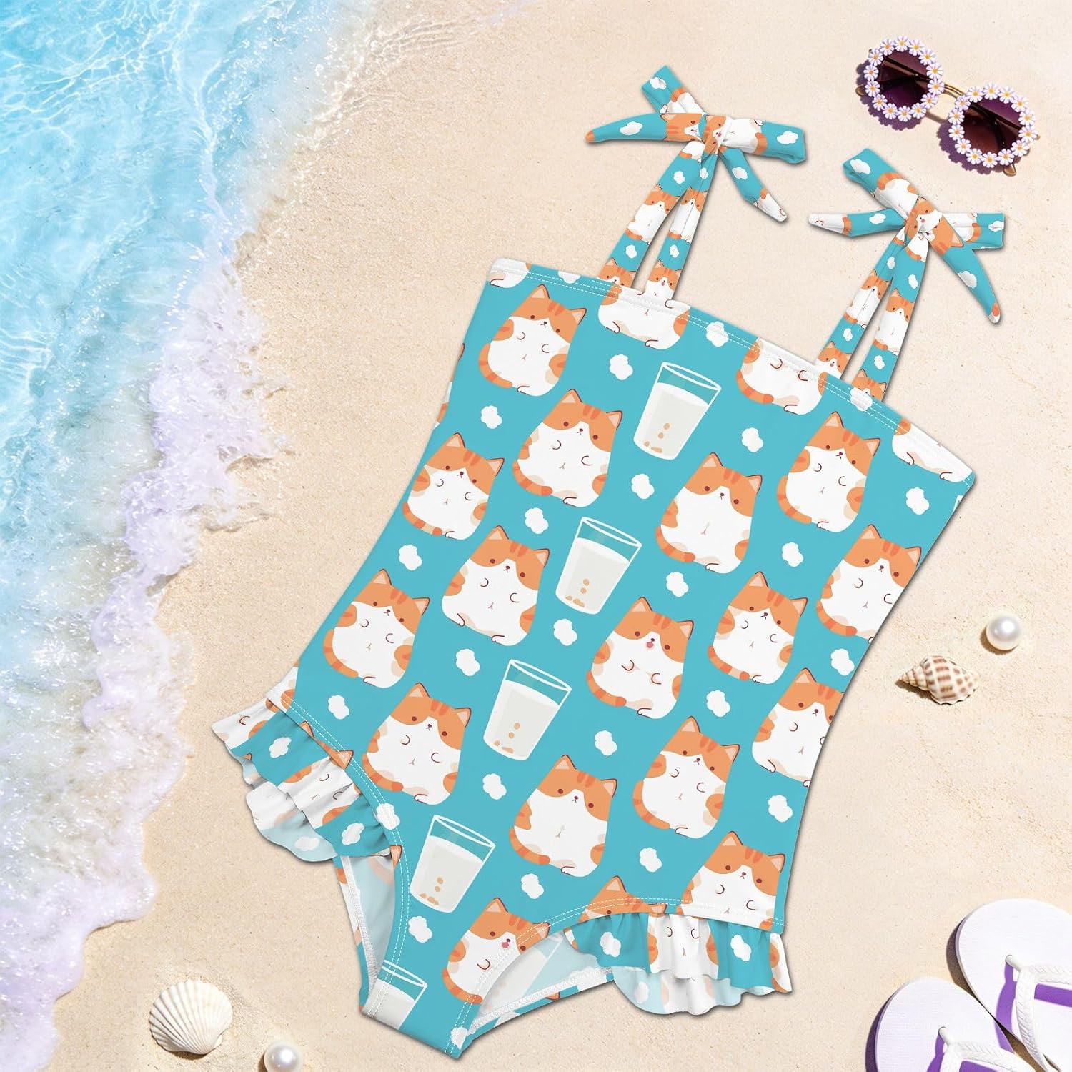 visesunny Toddler Girl Swimsuit Adjustable Strap Swimwear Cloud Milk Cat Bathing Suits for Girls 18M-6Y