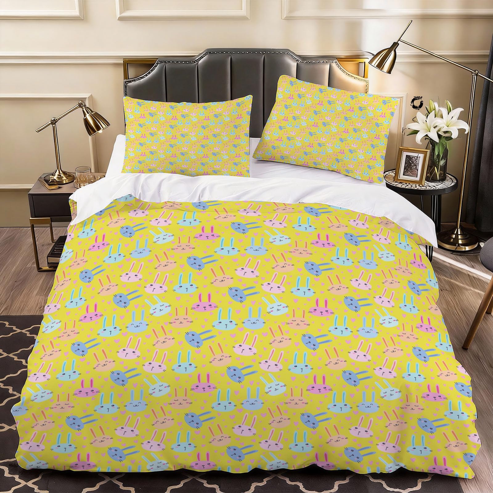 3D Cartoon Rabbit Duvet Cover Cartoon Bedding Double Bed Set, Soft Microfiber Comforter Cover Printed with Zipper Closure Quilt Coverr 200x200 cm and 2 Pillowcases