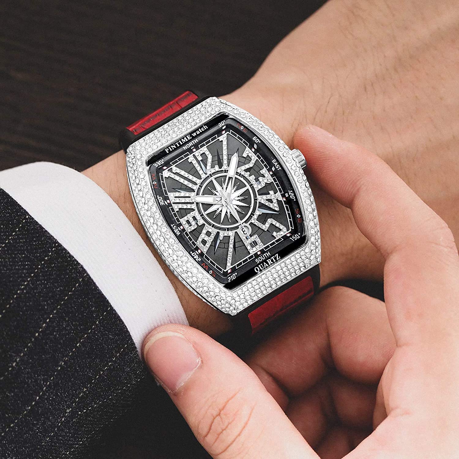 FANMIS Orologio da polso da uomo con teschio grande, con quadrante punk, con cinturino in pelle e calendario, al quarzo, sportivo, con quadrante, Argento rosso, Rettangolo Punk Diamante Orologio