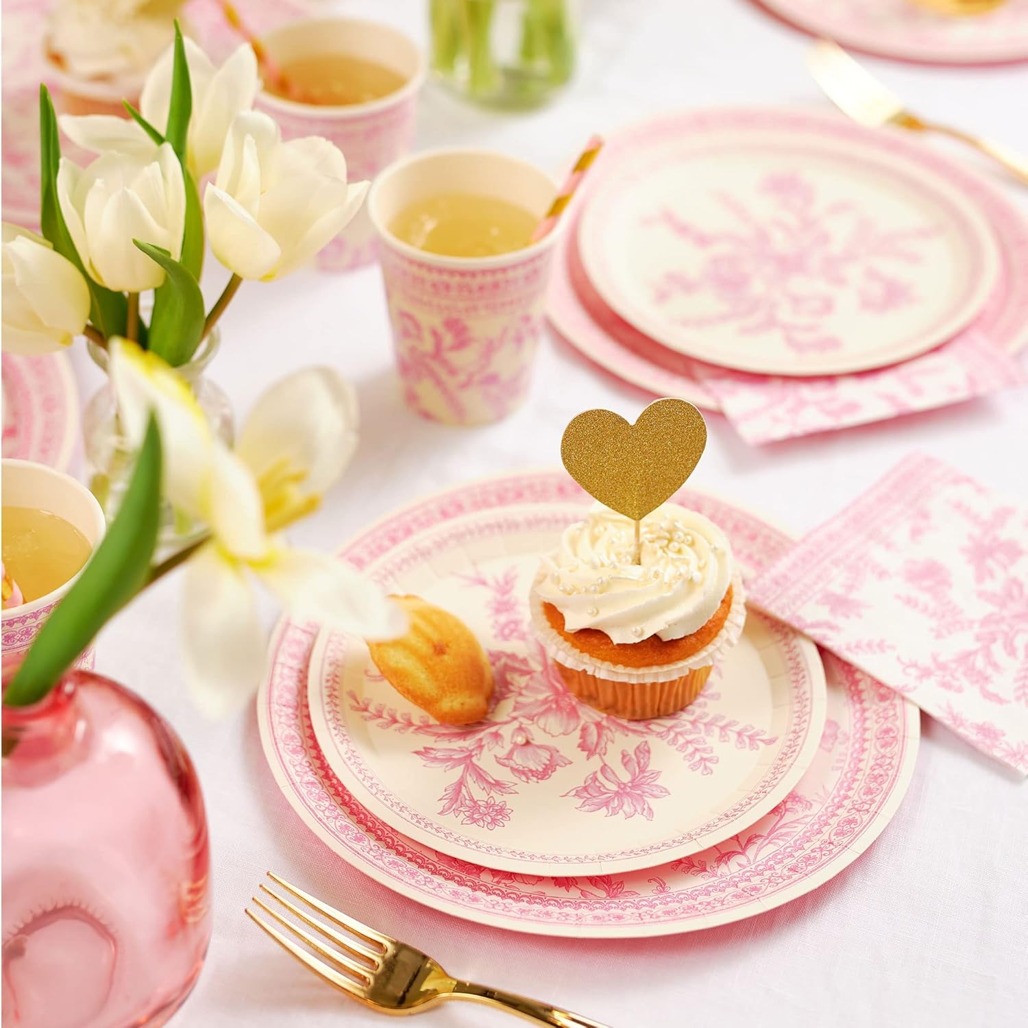 Coterie Pink Floral Paper Party Plates and Napkins Set for 20 people - 65 pc Floral Party Kit for Bridal/Baby Shower, Tea Party and More - Disposable Floral Party Supplies