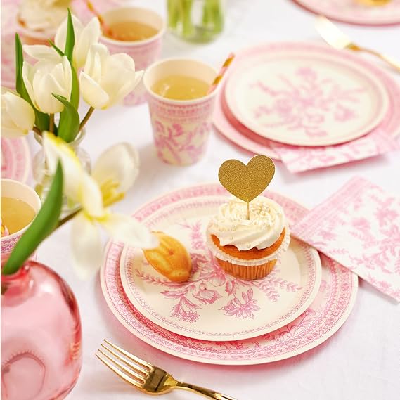 Coterie Pink Toile Paper Cups (Set of 10) - Decorative & Durable Disposable Cups for Bridal Party, Birthday Party, Baby Shower, Tea Party, Spring & Summer Gatherings | 9oz Paper Party Cups
