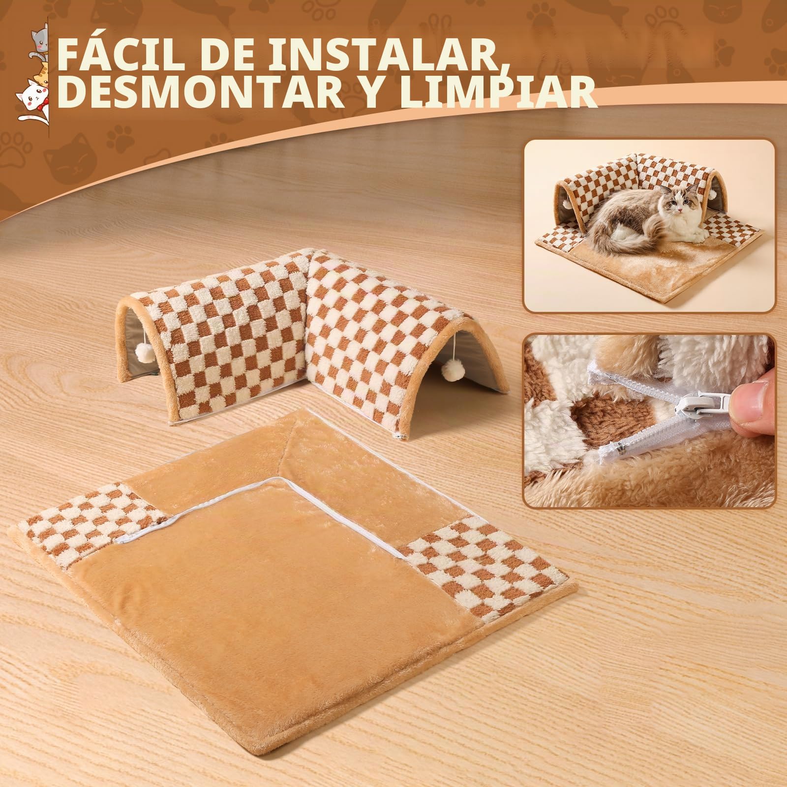 Marchul Cama tipo túnel para gatos para mascotas de interior, casa cueva interactiva para gatos, cama extraíble y lavable, juguete de túnel de juego para gatito/cachorro/conejo, 62 x 56 x 23 cm