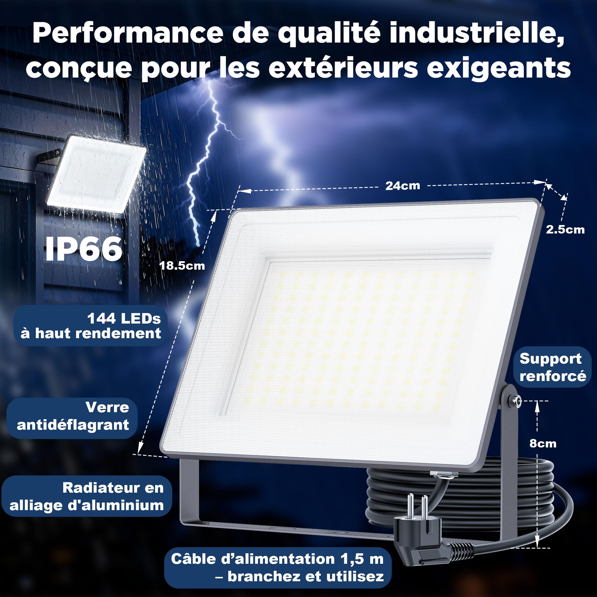 Projecteur led extérieur 120 W, usage industriel, 14400lm, 6500 K,IP66, dissipation thermique efficace, économie d'énergie de 85% spot led extérieur, jardins, entrepôts et garages(2 pièce)