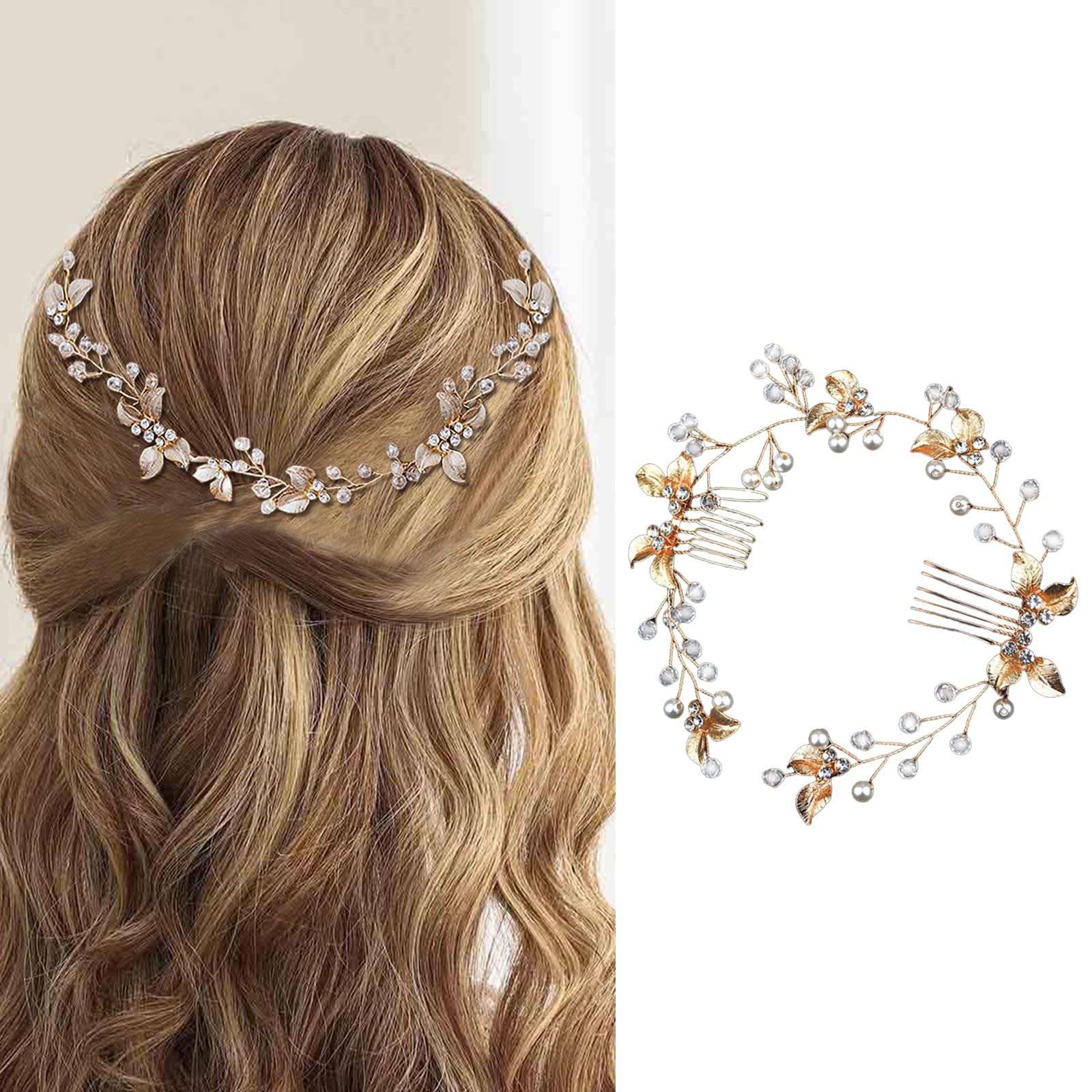 Fermaglio per capelli da sposa fatto a mano con perle e strass, accessorio per capelli alla moda per donne e ragazze (oro)