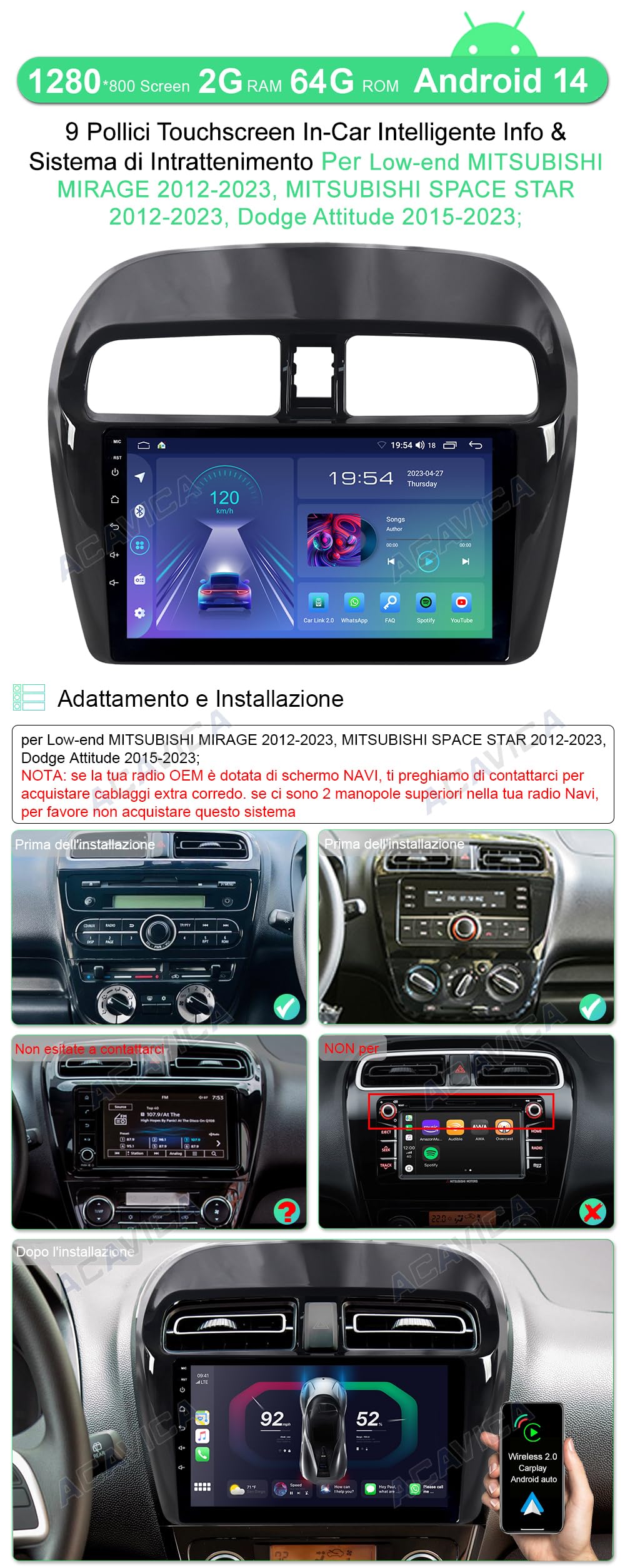 ACAVICA +GB Autoradio für Mitsubishi Mirage Space Star 01-03 Dodge  Attitude 015-03 GPS Navigator Sat NAV mit Wireless Carplay Android Auto ACAVICA +GB Autoradio für Mitsubishi Mirage Space Star 01-03 Dodge  Attitude 015-03 GPS Navigator Sat NAV mit Wireless Carplay Android Auto