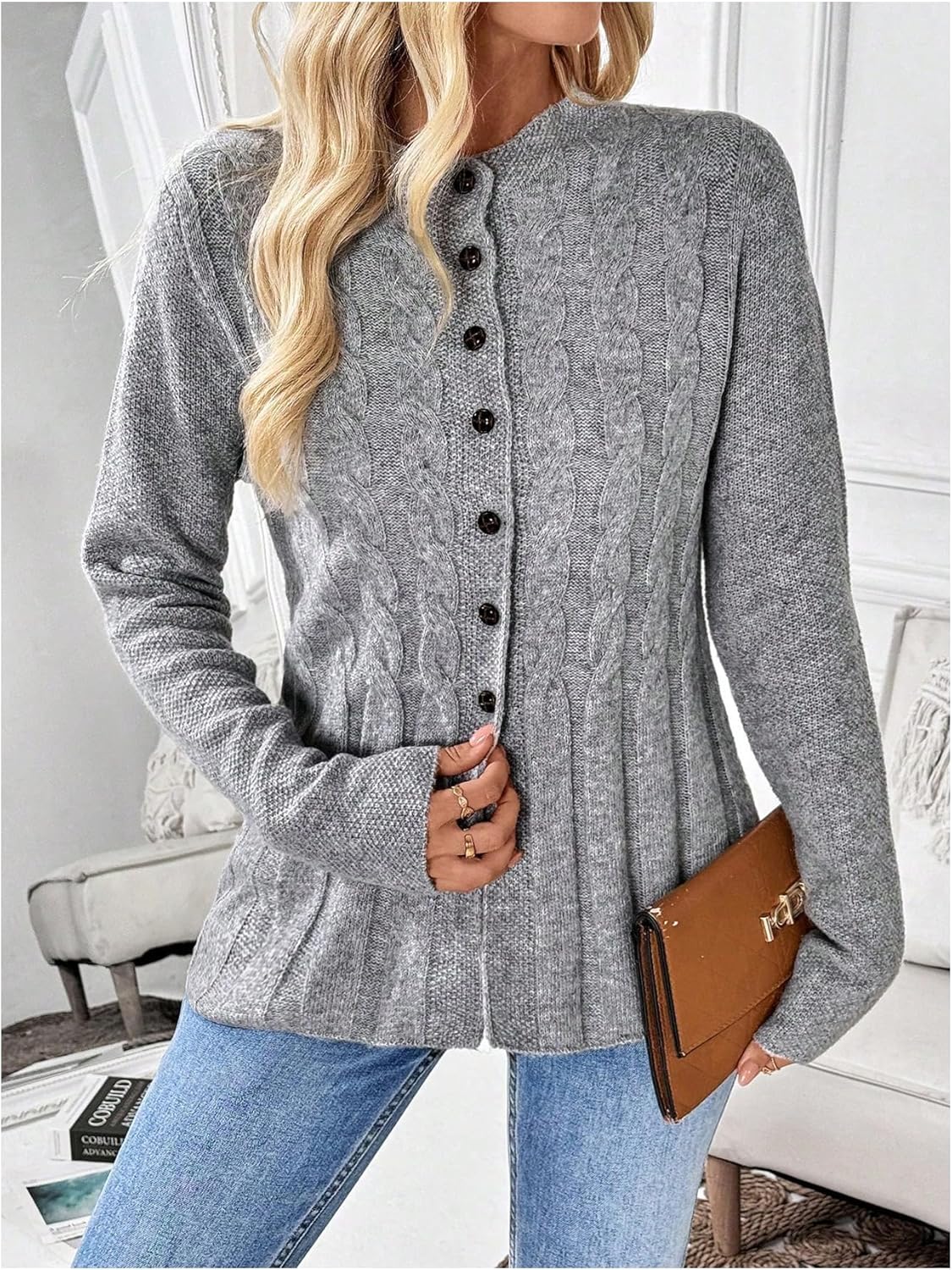 SOLY HUX Women's Button Up Cardigan Sweater Long Sleeve Cable Knit Lightweight Business Casual Peplum Tops Outwear Coat - Image 5