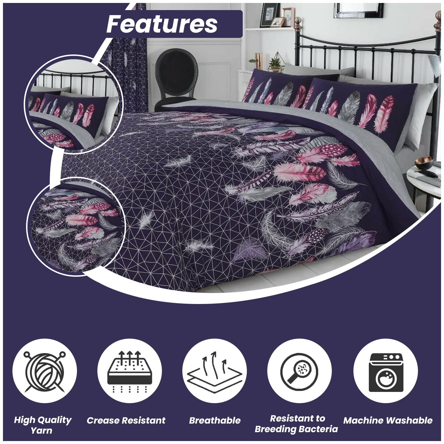 GC GAVENO CAVAILIA Set Copripiumino Lusso A Righe E Geometrici - 3 Pezzi (copripiumone Doppio + Federe), Blu/Viola/Grigio, 50% Cotone 50% Poliestere, Fresco E Lavabile - 3