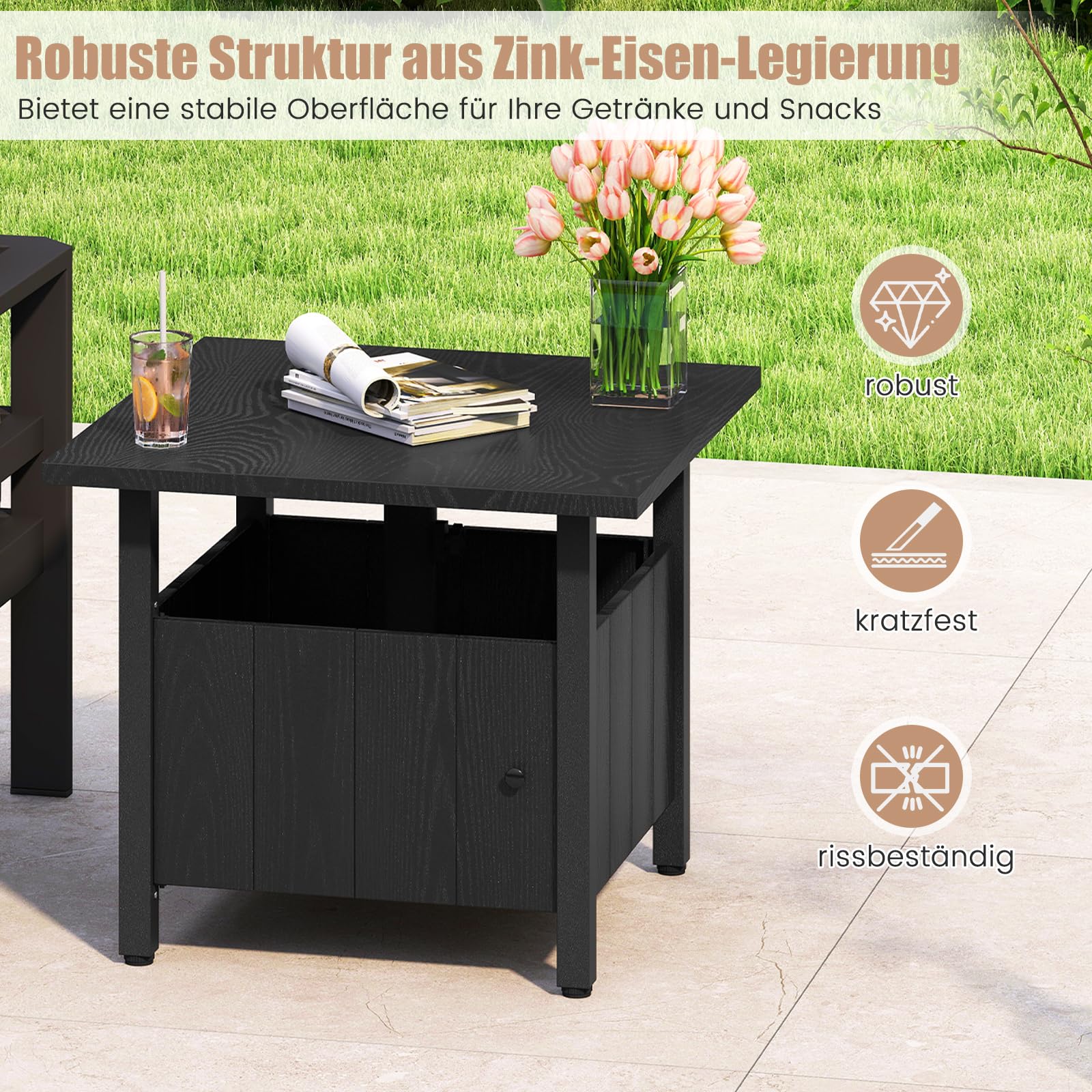 COSTWAY Stolik pomocniczy Outdoor, odporny na warunki atmosferyczne, metalowy stół ogrodowy z otworem na parasol i 2 workami na piasek, mały stolik balkonowy, stolik kawowy do ogrodu, na balkon, taras