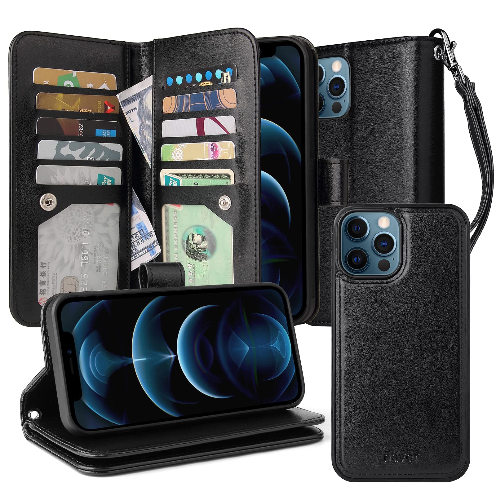 navor Magnetic Detachable Wallet Case [RFID Protection] [10 Card Pockets] [3 Money Pockets] Compatible for iPhone 12 Pro Max [6.7 Inch] JOOT-3L Series [Black]