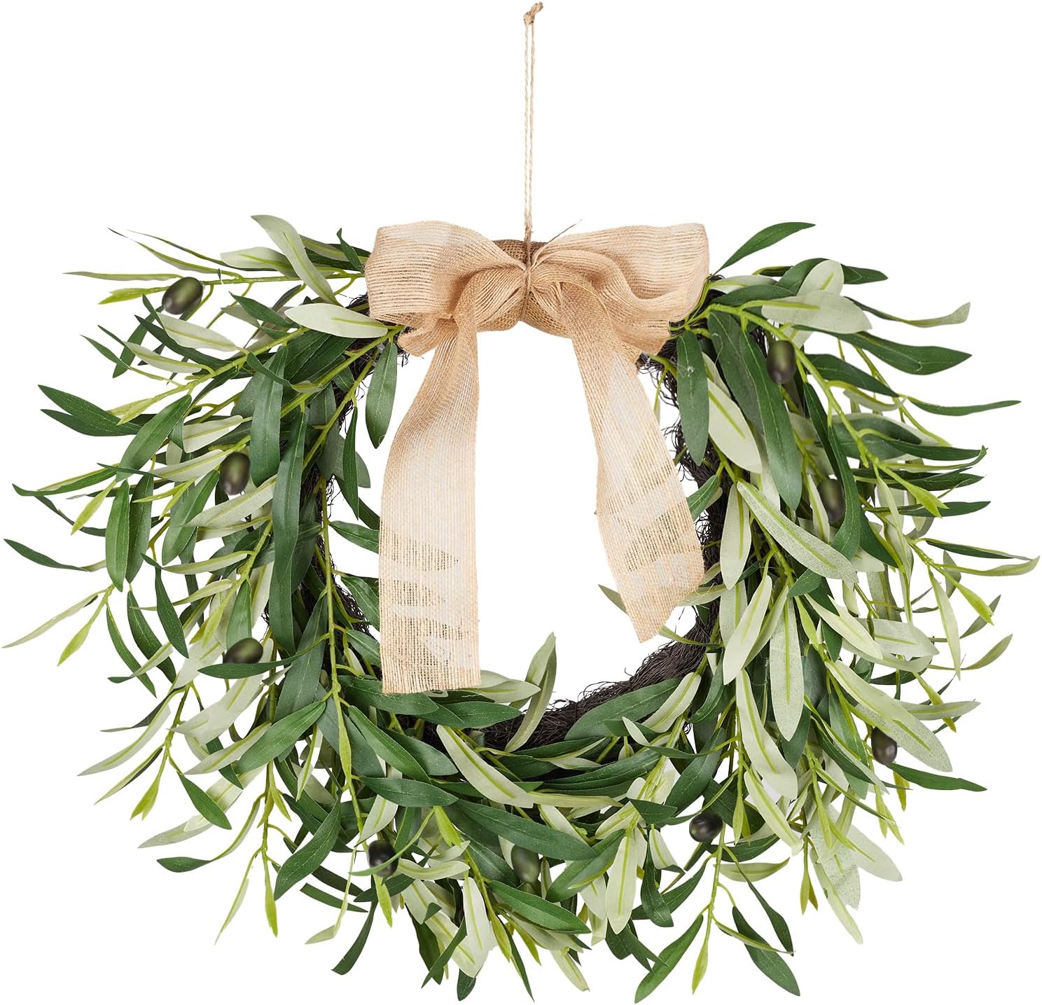 20.87 Inch Artificial Olive Wreaths for Front Door, Real Touch Green Leaf Olive Fruit Spring Flower Swag, Perfect for Wedding Home Outdoor Indoor (1PCS)