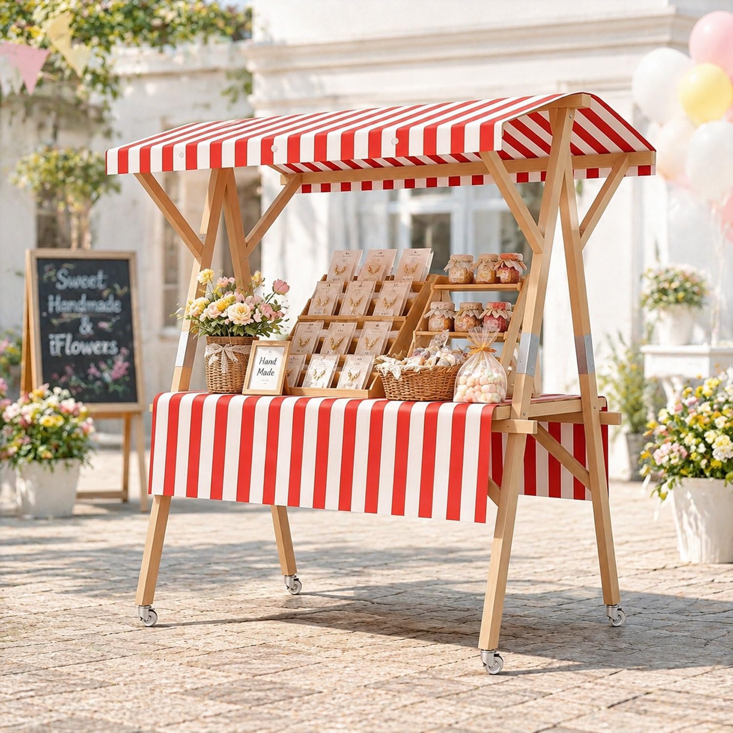 COAKUE Portable Foldable Wooden Farmers Market Stand on Wheels with Awning, Outdoor Vendor Cart Roadside Farm Stand for Roadside Vending, Markets & Craft Fairs RedB-150cm/59in