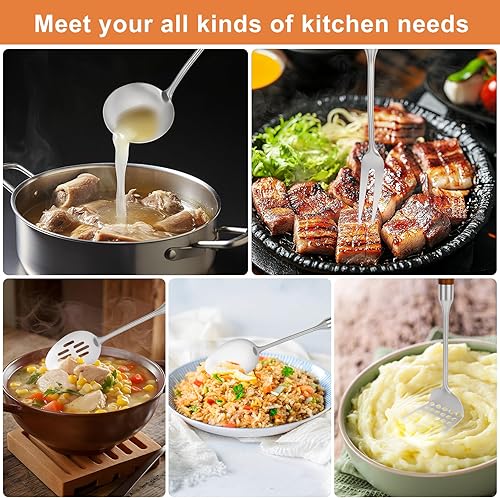 Miniatura 7 de Juego de utensilios de cocina de acero inoxidable con mango de madera, juego de utensilios de cocina de metal de 10 piezas, utensilios de cocina de
