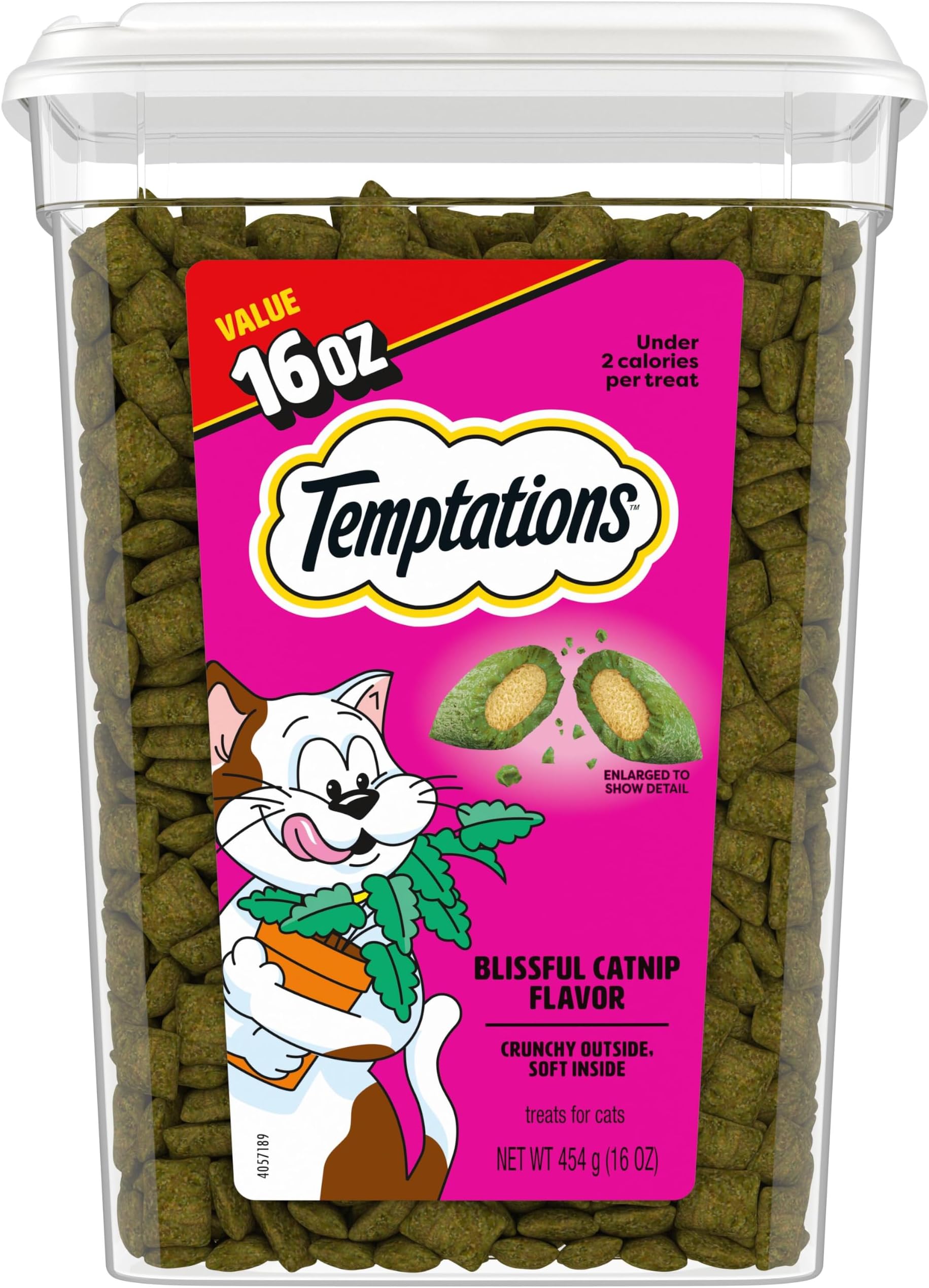 Temptations Classic Crunchy Cat Treats, Blissful Catnip, 16 oz | Under 2 calories per treat, crunchy outside & soft inside, resealable tub, snack or food topper, 100% complete & balanced
