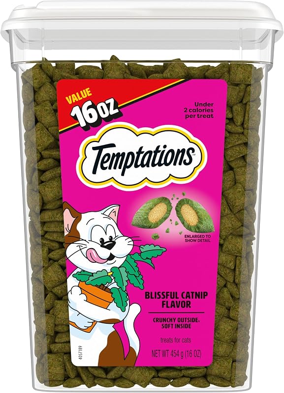 Temptations Classic Crunchy Cat Treats, Blissful Catnip, 16 oz | Under 2 calories per treat, crunchy outside & soft inside, resealable tub, snack or food topper, 100% complete & balanced