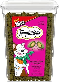 Temptations Classic Crunchy Cat Treats, Blissful Catnip, 16 oz | Under 2 calories per treat, crunchy outside & soft inside, resealable tub, snack or food topper, 100% complete & balanced