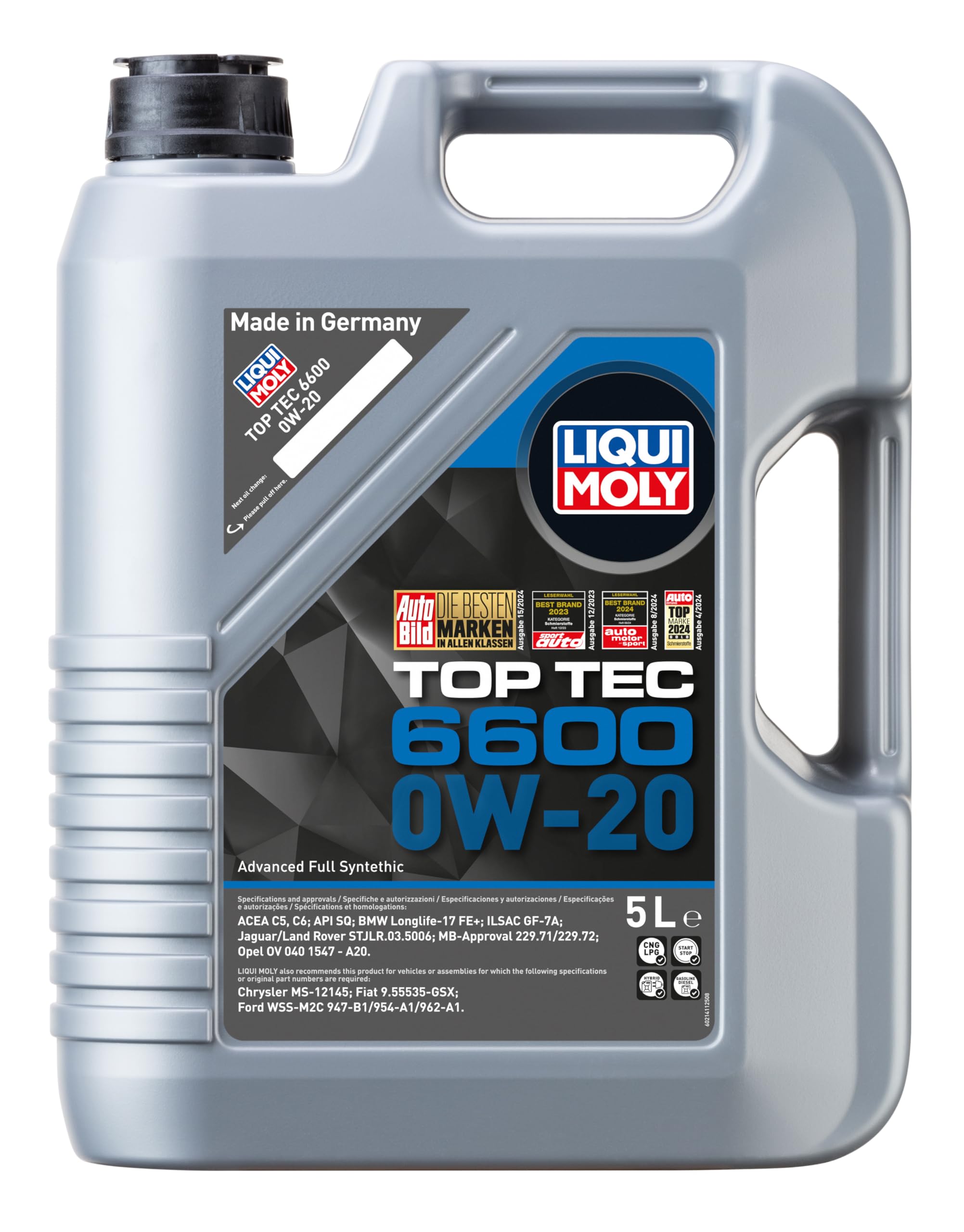 LIQUI MOLY Huile moteur Top Tec 0W-20 ACEA C5 ACEA C6 API SP 6600 5 L Compatible avec BMW 1 5 portes F20 3 Touring F31 3 Berline F30, F80 1 3 portes F21, MERCEDES-BENZ Classe C Berline W205