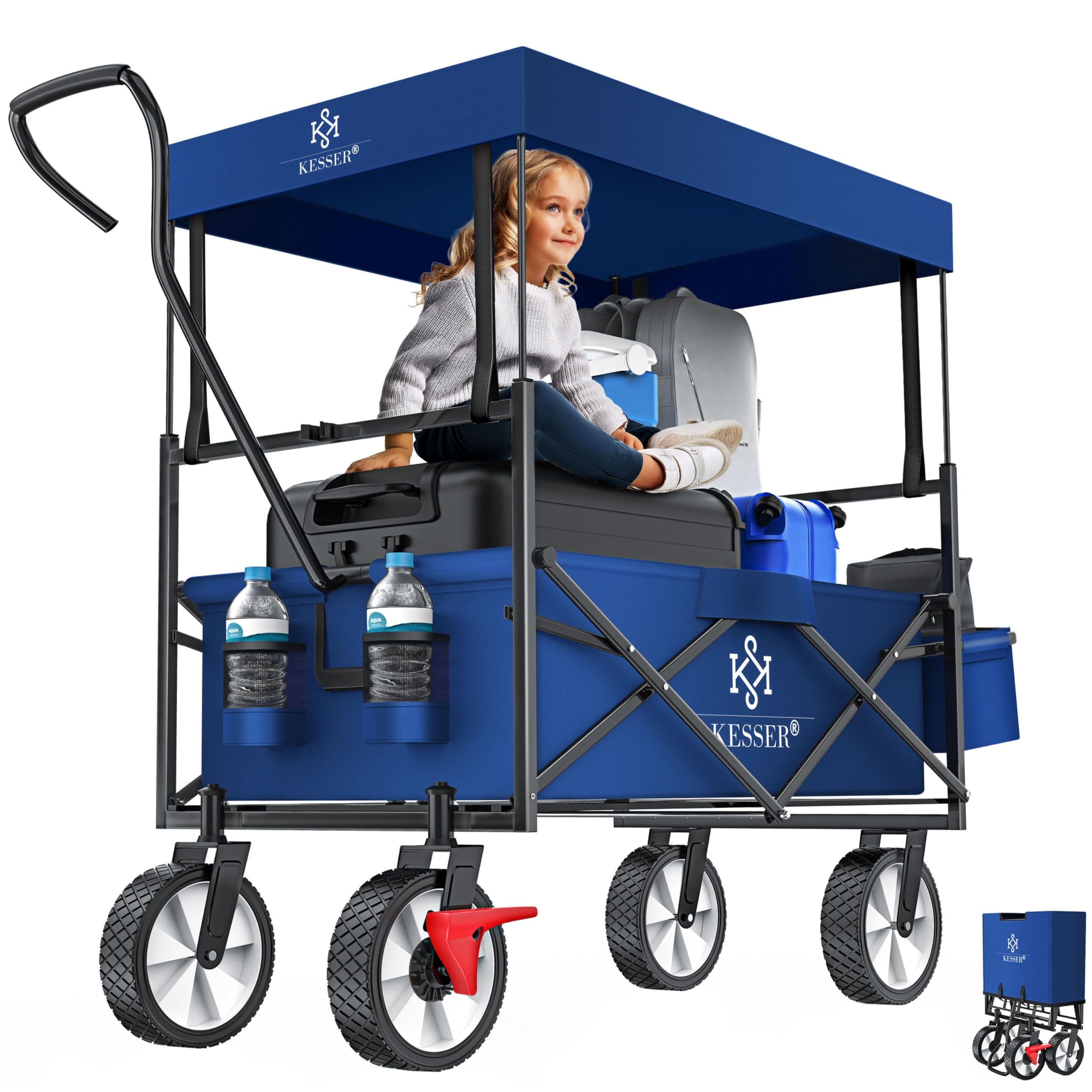 KESSER® Carrello pieghevole con tetto, carrello per attrezzi, con 2 tasche a rete e una tasca esterna, con freno anteriore, pieghevole, pneumatici in gomma piena, portata fino a 100 kg