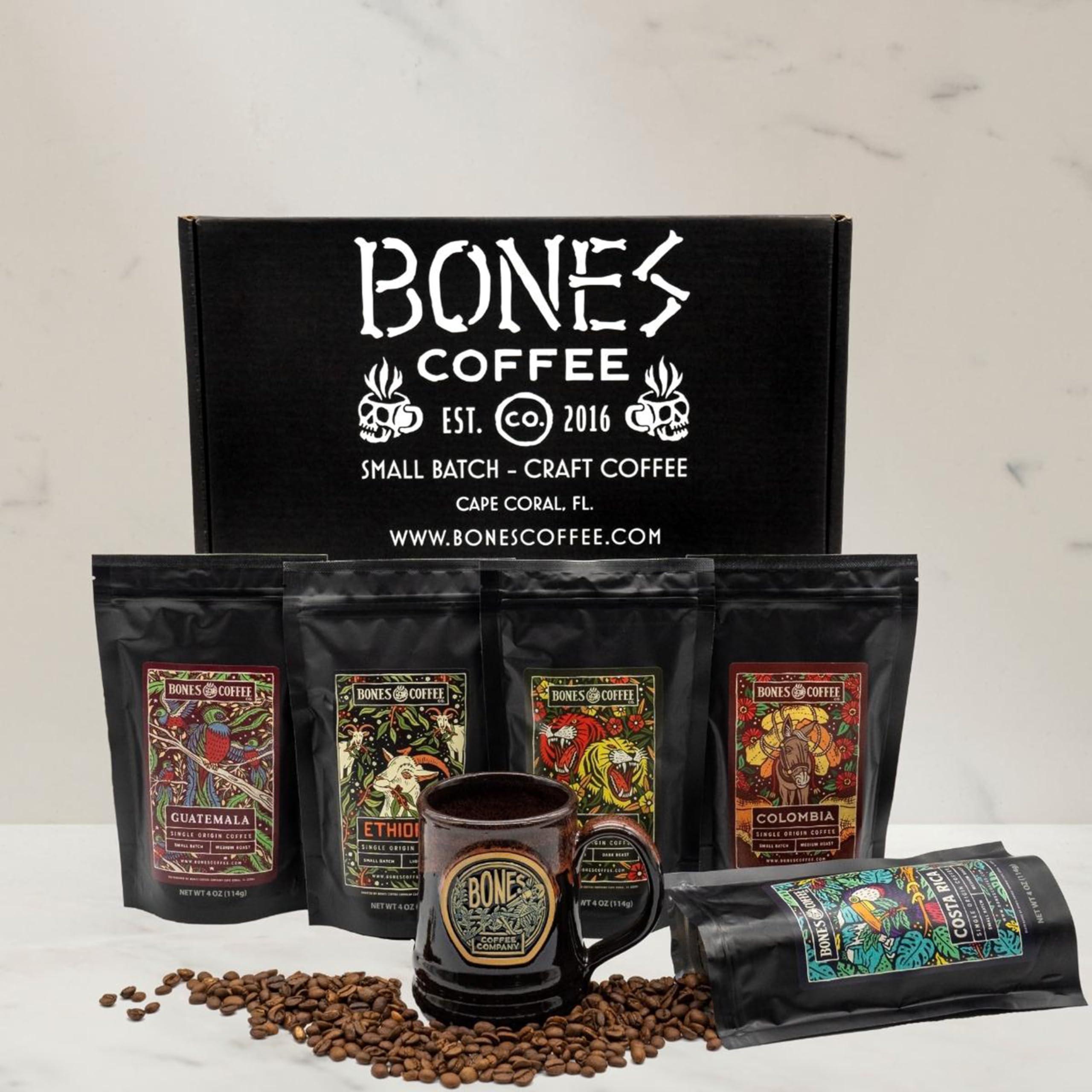 NEW World Tour Sample Pack Box Set with Specialty Coffee Mug, 5 Assorted Single-Origin Low Acid Medium Roast Arabica Beans Flavored Coffee Gifts, 4 oz Pack of 5 Whole Bean