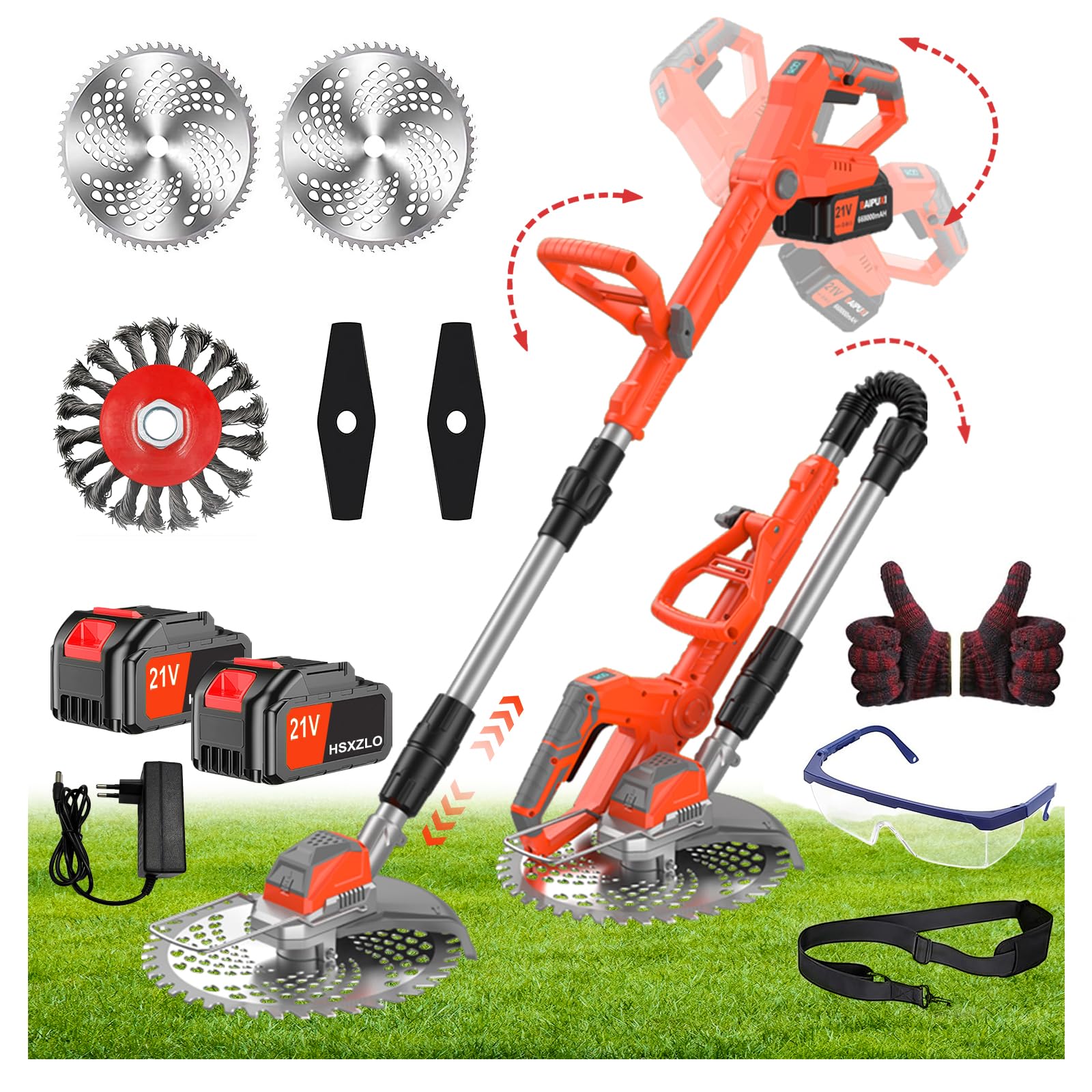 Debroussailleuse Electrique sans Fil, 21V Coupe Bordure sans Fil avec Batterie, Batterie Debrouissalleuses avec 3 Lames, Débroussailleuse Rétractable Convient Aux Jardins et Aux Pel (Rouge-1)