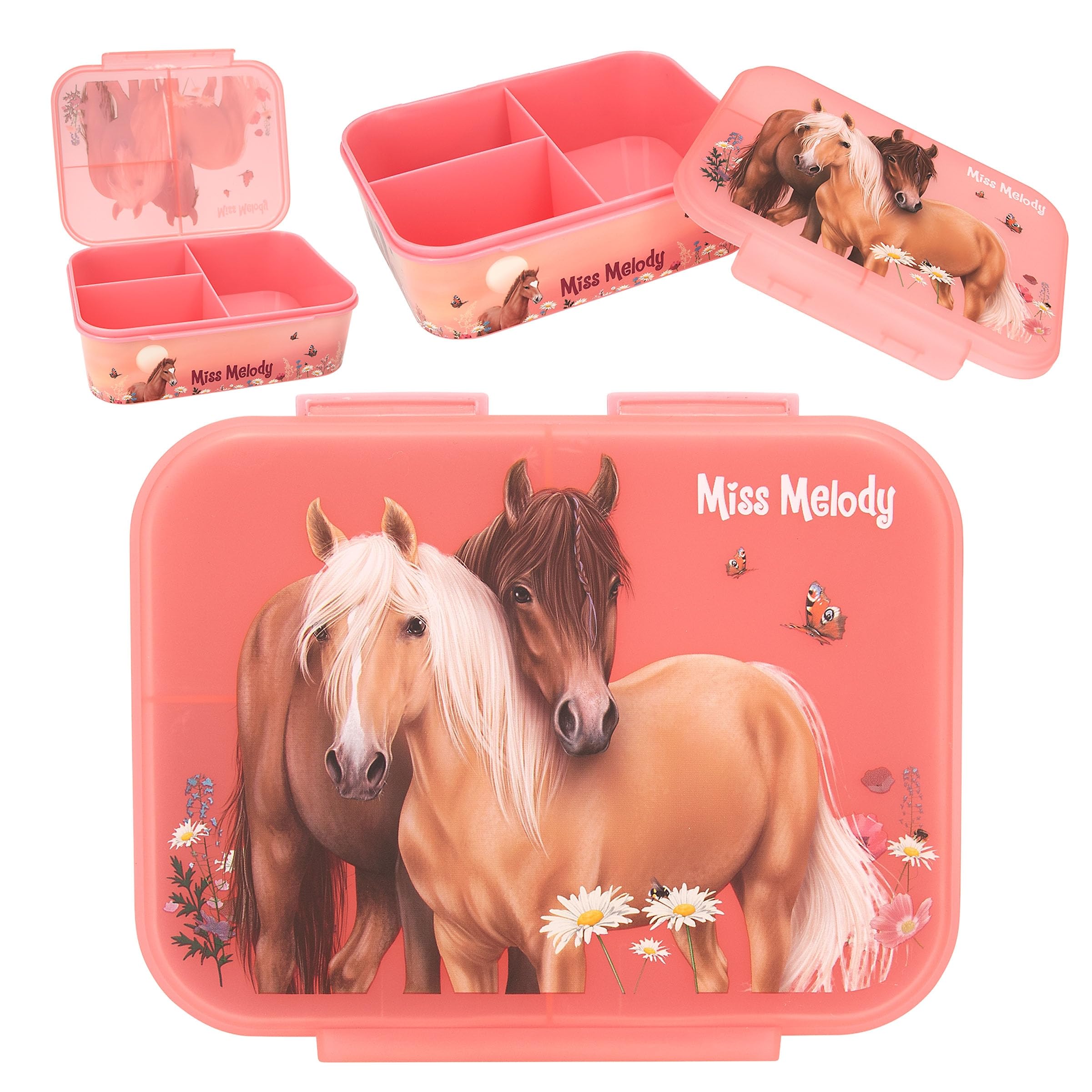 Depesche 12895 Miss Melody Flowers - Lunch Box in Dark Pink with Horse Pattern and Flowers, Lunch Box with 3 Compartments and Transparent Lid