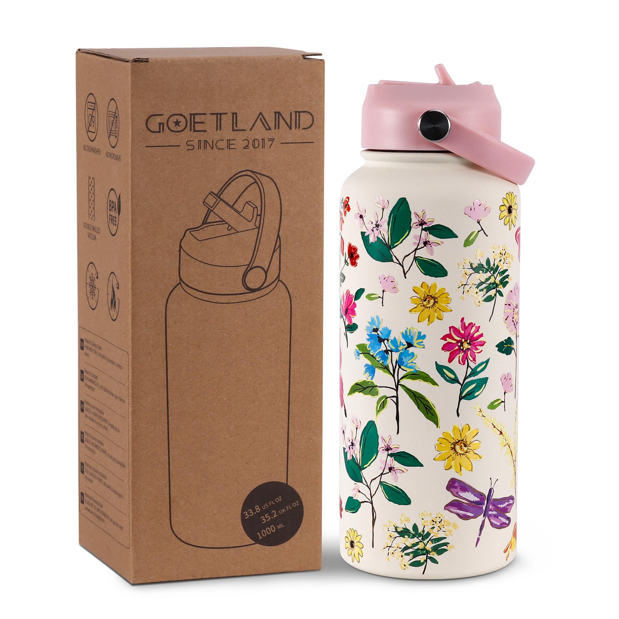 Goetland Flowers Water Bottle Beverage Bottle with Straw Lid 32 oz Stainless Steel Wide Mouth Vacuum Insulated Cute UV Printing Leak Proof For Women Girls Kids Little Pink