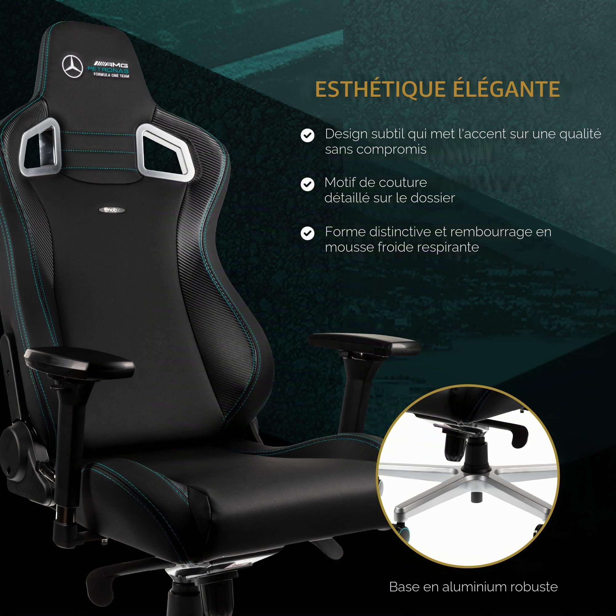 noblechairs Epic Gaming Chair, Chaise de Bureau, Fauteuil de Bureau, Hybrid PU Leather, Siege Ergonomique - Mercedes-AMG Petronas, Chaise de Bureau Ergonomique, Formula One Team 2021 Edition