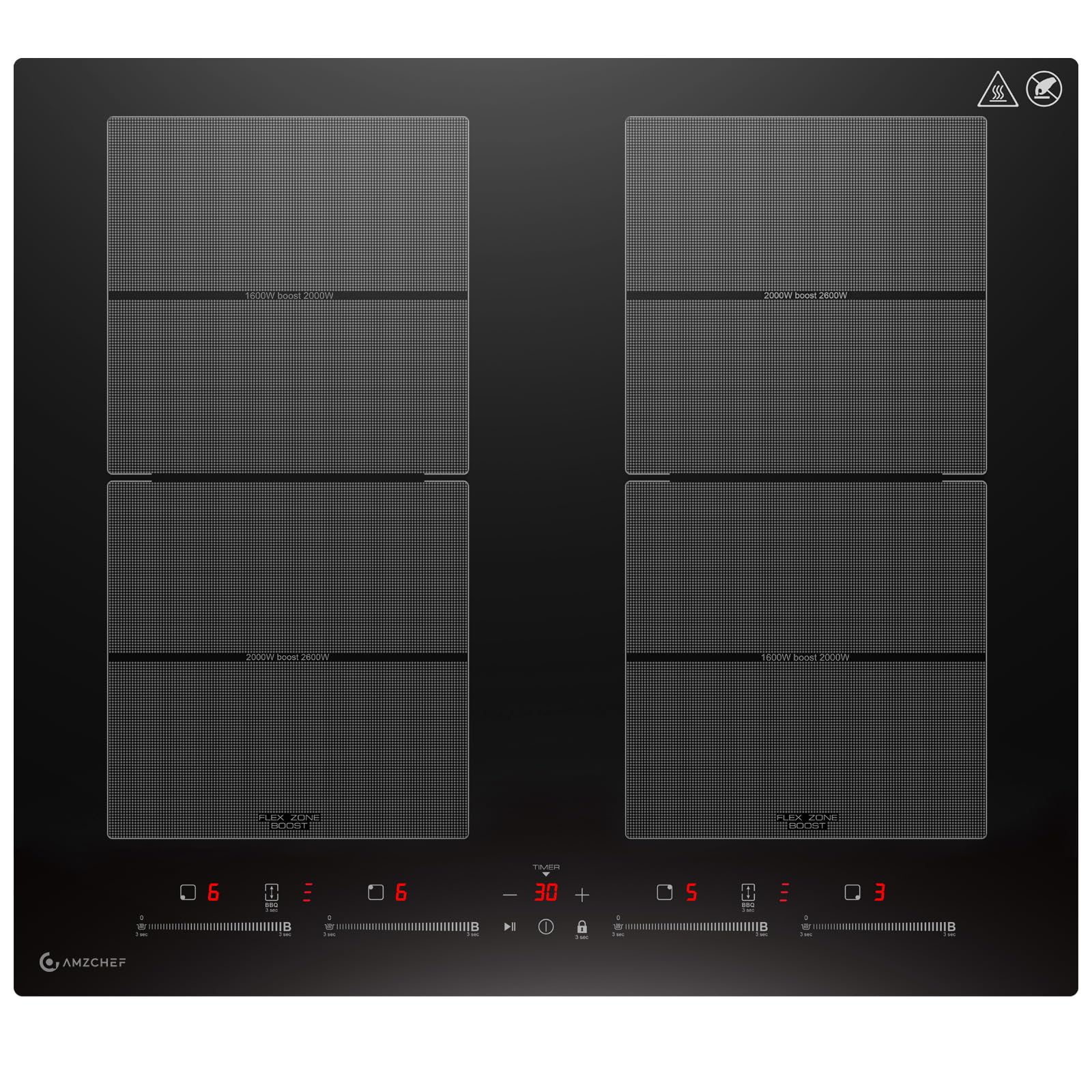 AMZCHEF placa induccion con dos zonas flexibles, placa de inducción de 4 zonas con funcionamiento silencioso (42dB), 9 niveles y refuerzo - Función BBQ, función de pausa y mantener caliente, 7400W