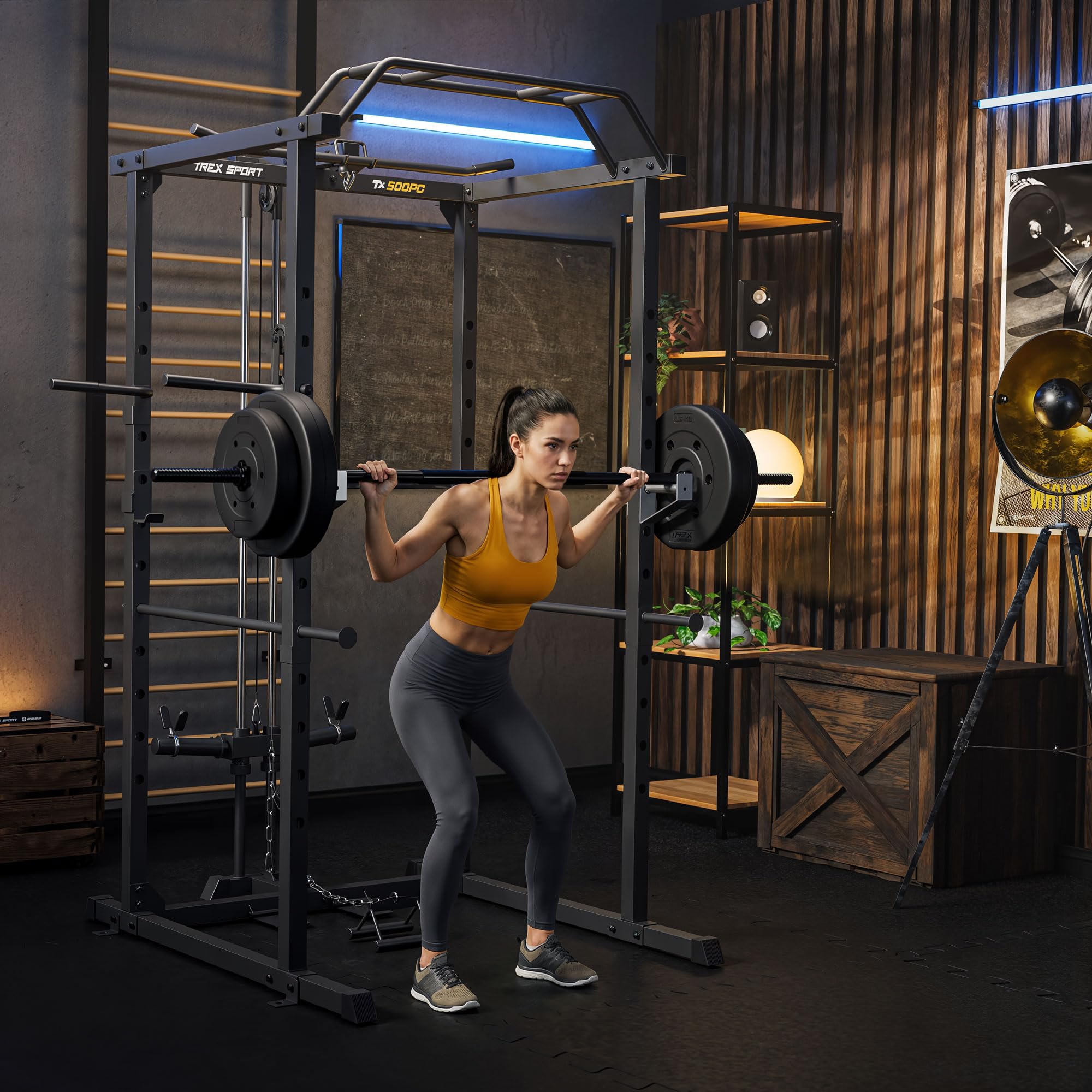 TREX SPORT Power Rack Multipresse mit Latzug Dip-Station bis 120kg TX-500PC | Powerrack mit Latzug oben/unten, Klimmzugstange, Squat Rack & Homegym mit verstellbaren Ablagen, Power Cage