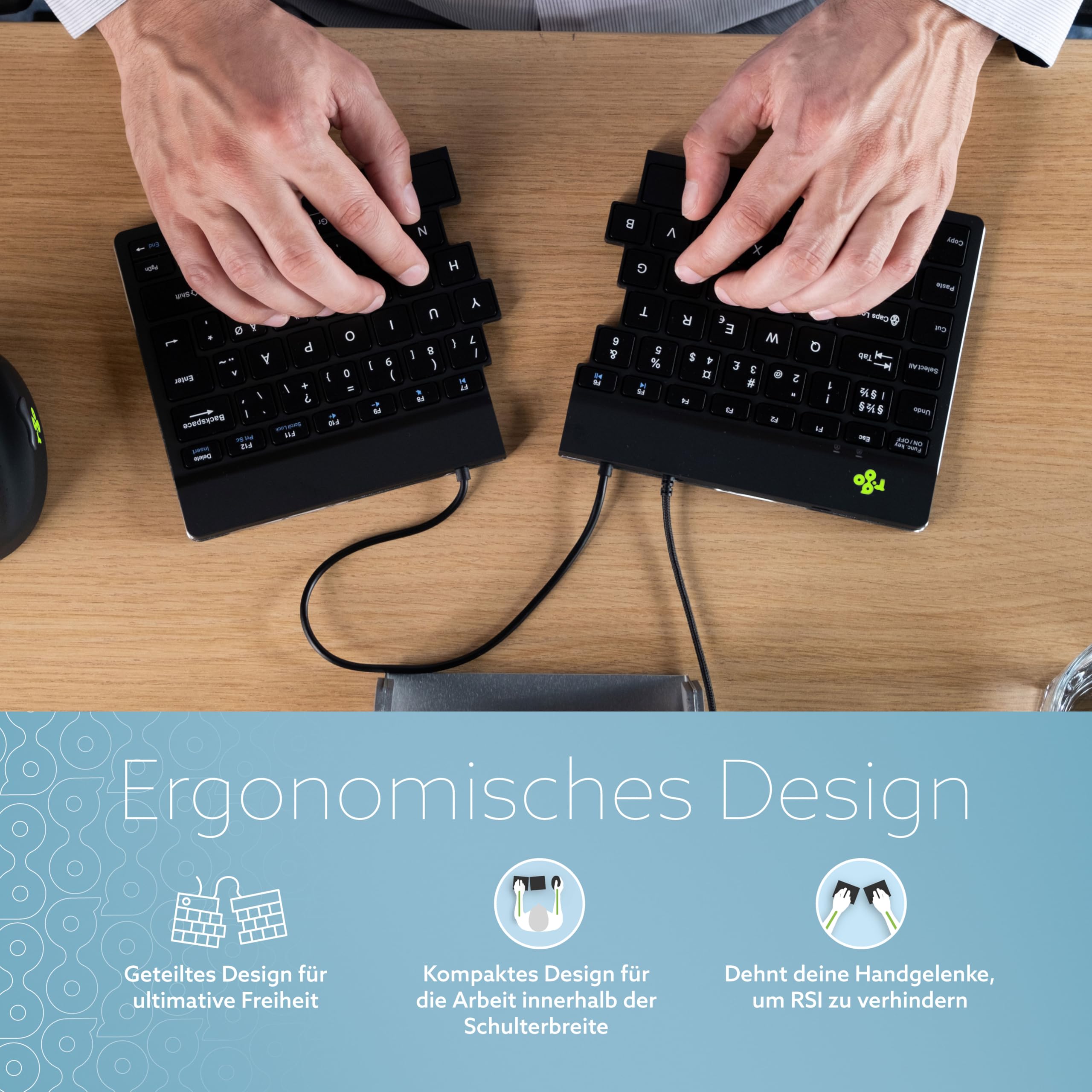 R-Go Split Tastatur Zweiteilig, Ergonomische Design mit Geteilte Tastenfeld und Integrierter Pausenanzeige, QWERTY (US) Layout, USB-C/A Kabelgebunden, Schwarz, Version 2