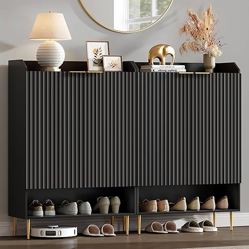 SICOTAS Shoe Cabinet Set of 2-56 Pairs Large Shoe Storage Cabinet, 50.7" Tall 7-Tier Entryway Shoe Cabinet Storage with Adjustable Shelves for Entryway Hallway Living Room Front Door, Black