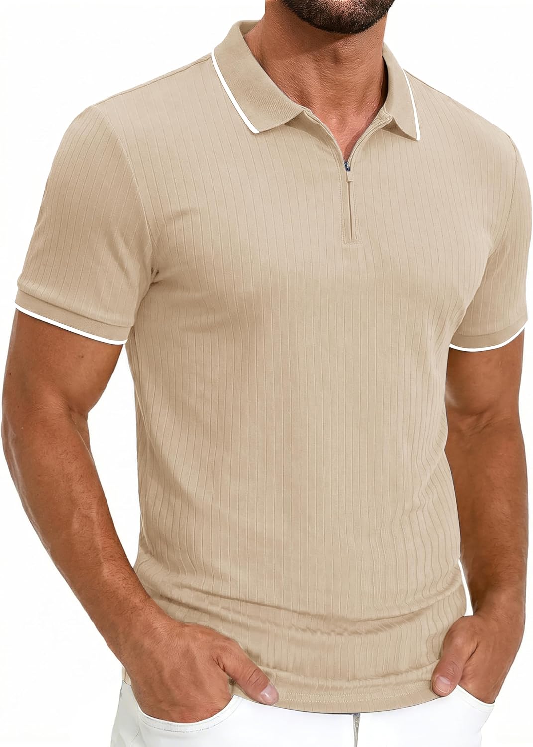 Cotrasen Mens Zipper Polo Shirts Short Sleeve Dual Tipped Collar Golf Shirts Fashion Textured Slim Fit T-Shirts - Image 2