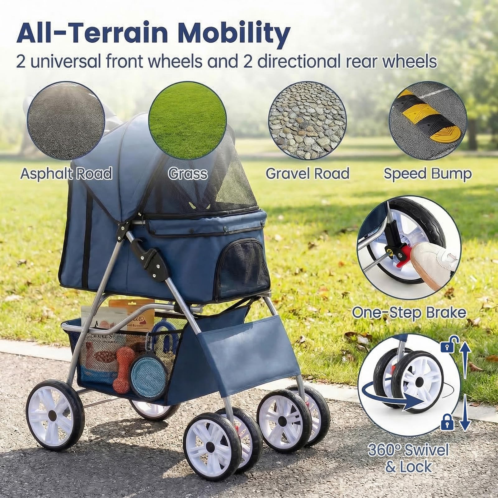 DREAMADE Hundebuggy klappbar, Hundewagen bis 15 kg, Katzenwagen mit Getränkehalter & Aufbewahrungskorb, leichter Katzenbuggy mit Rädern & verstellbarem Sonnendach, Reisewagen für Haustiere (Blau)