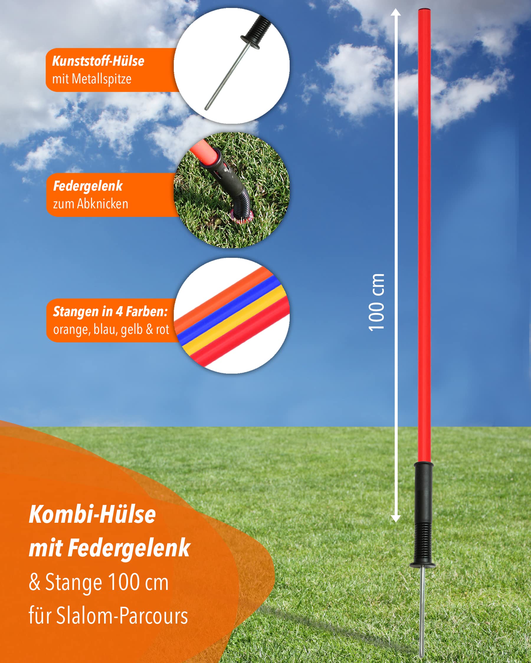 Kombi-Hülse aus Kunststoff mit Kippgelenk & Slalomstange 100 cm – 4er Set – für Slalom & Koordinationstraining – für Fußball, Leichtathletik & Hundesport – Agility-Stangen