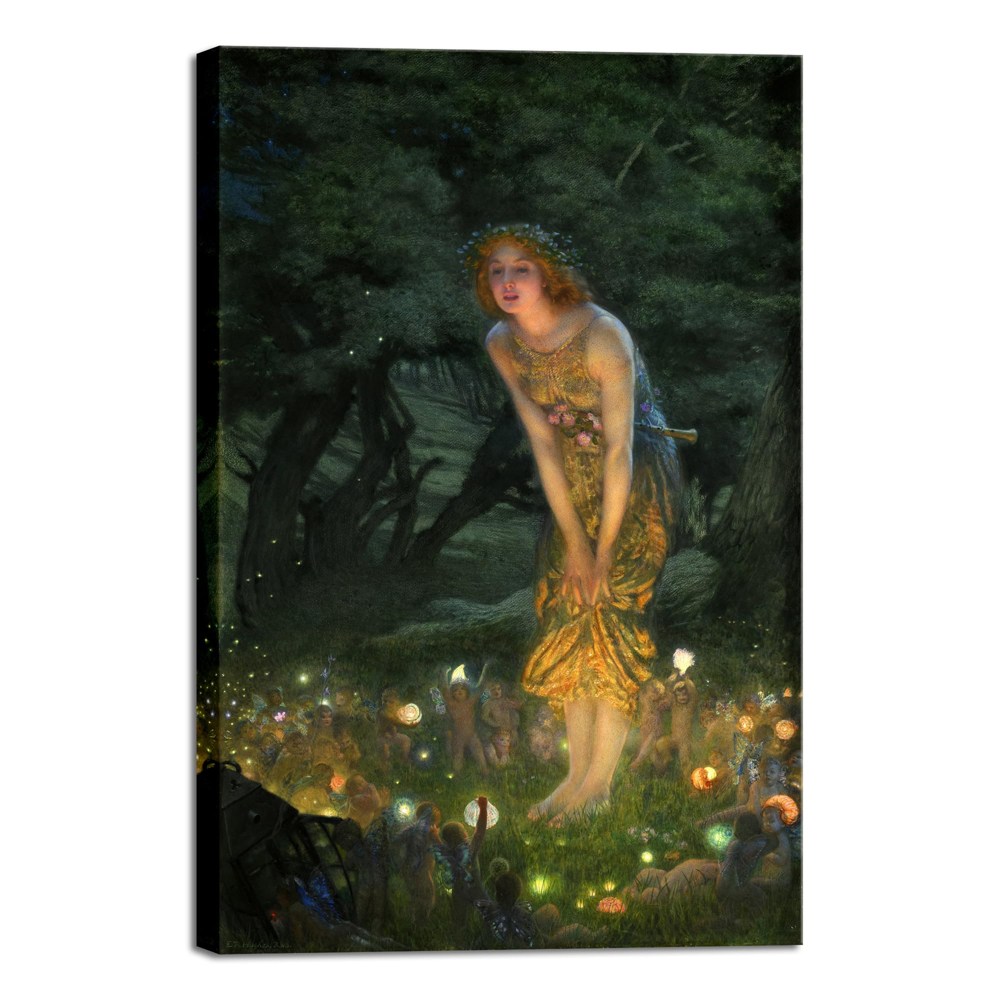 Wieco Art Canvas Print Wall Art Fairy Tale Midsummer Eve with A Girl and Elves by Edward Robert Hughe Neoclassical Art Nouveau Print Picture Artwork for Living Room Home Decorations