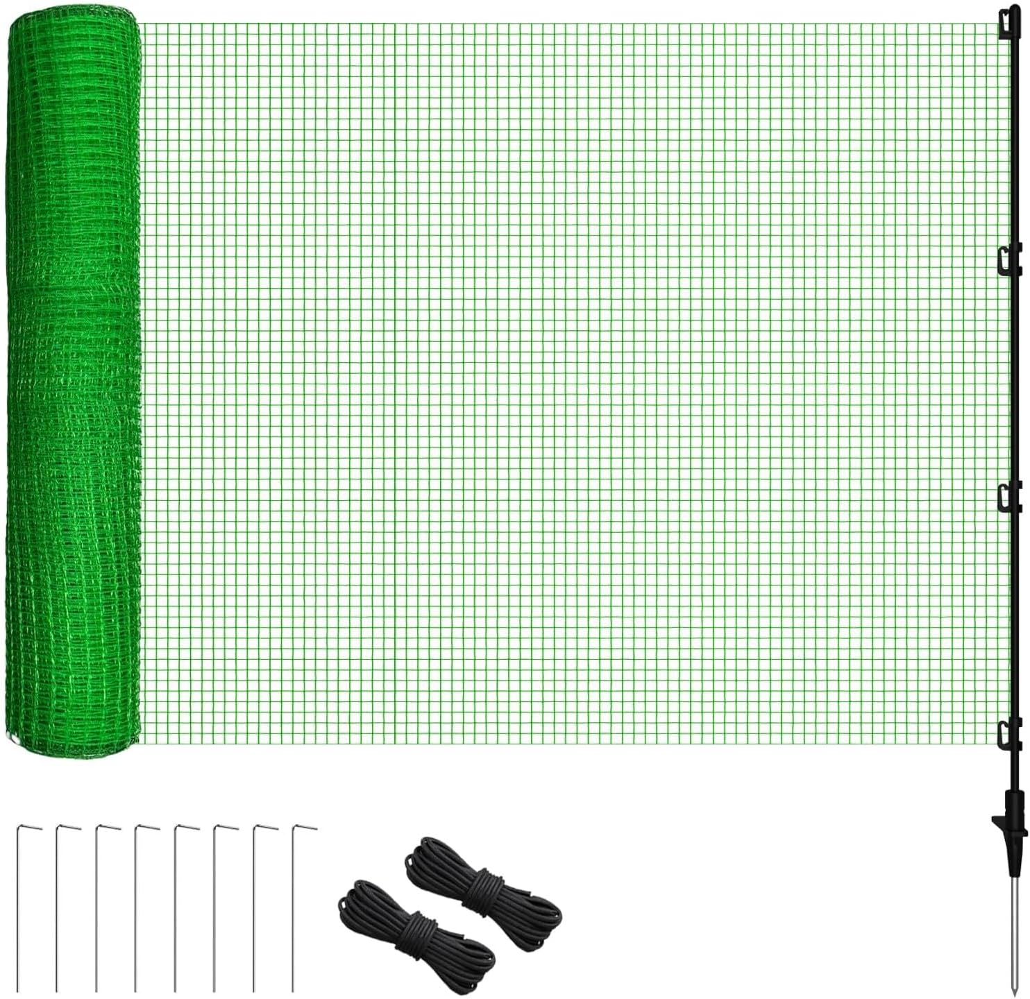 Temporary Fence 3‘x49.2’ with 10 Step-in Posts, Portable Green Plastic Fencing Roll for Gardens, Backyards, Yards, Dogs, Outdoor Animals & Farms
