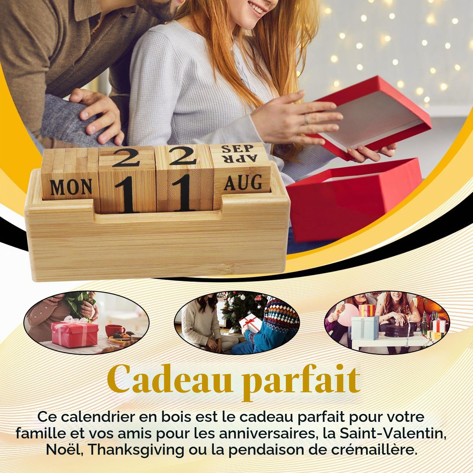 Calendrier perpétuel en bois pour bureau, blocs d'affichage du mois, de la date et du jour de la semaine, pour décoration de bureau rustique, accessoires de bureau mignons
